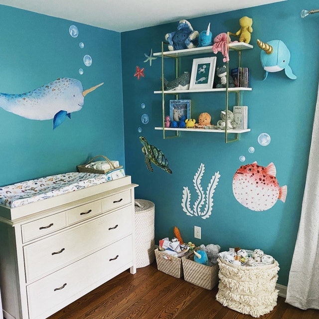 Baby Narwhal Fabric Wall Decal, Whale Wall Decal, Ocean Sea Animal, Removable Wall Sticker Peel and Stick Nursery Playroom Baby Room Decor