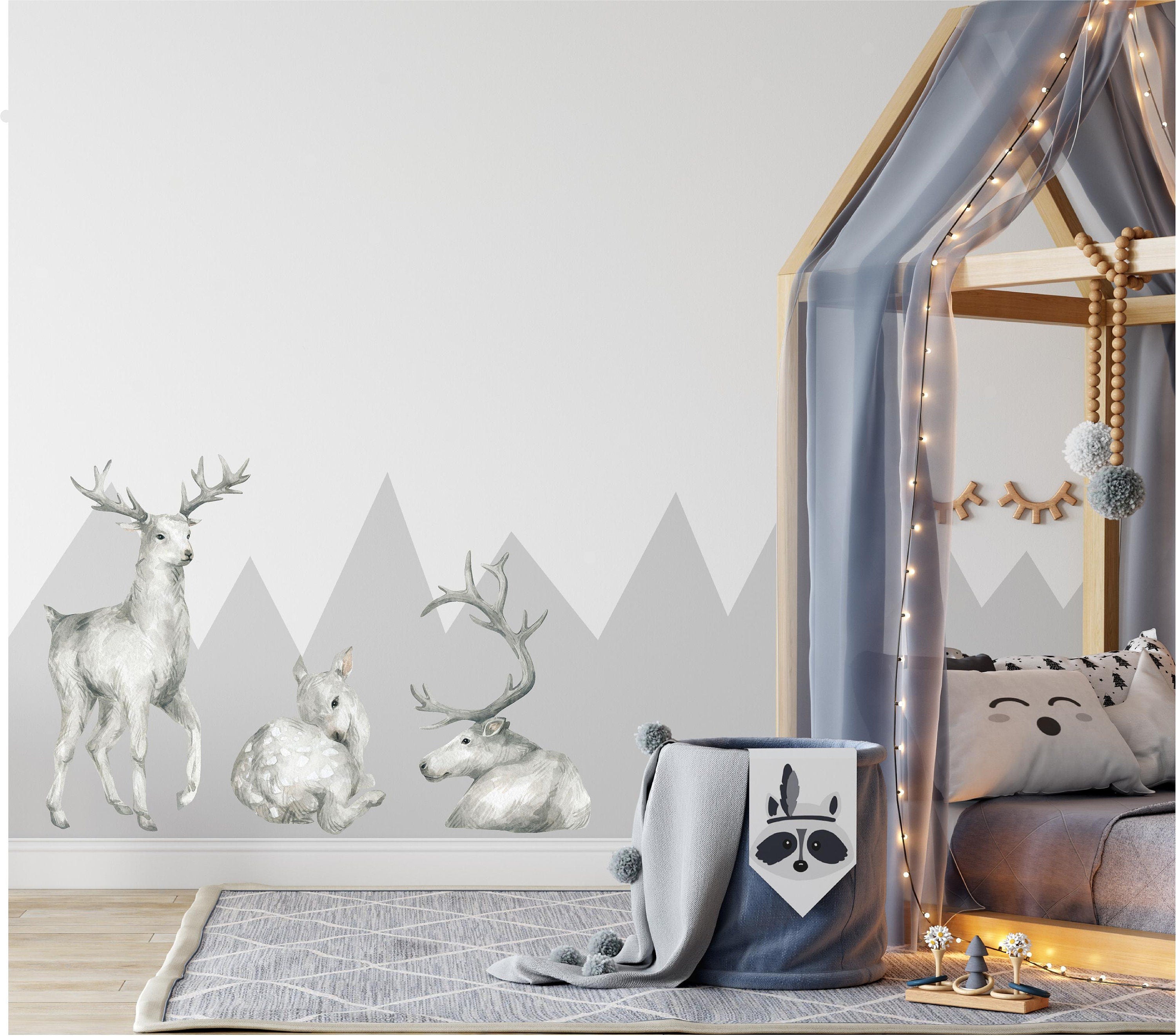 White Reindeer Wall Decal Set of 3 Arctic Northern Wildlife Deer Wall Sticker Removable Fabric  Nursery Decor