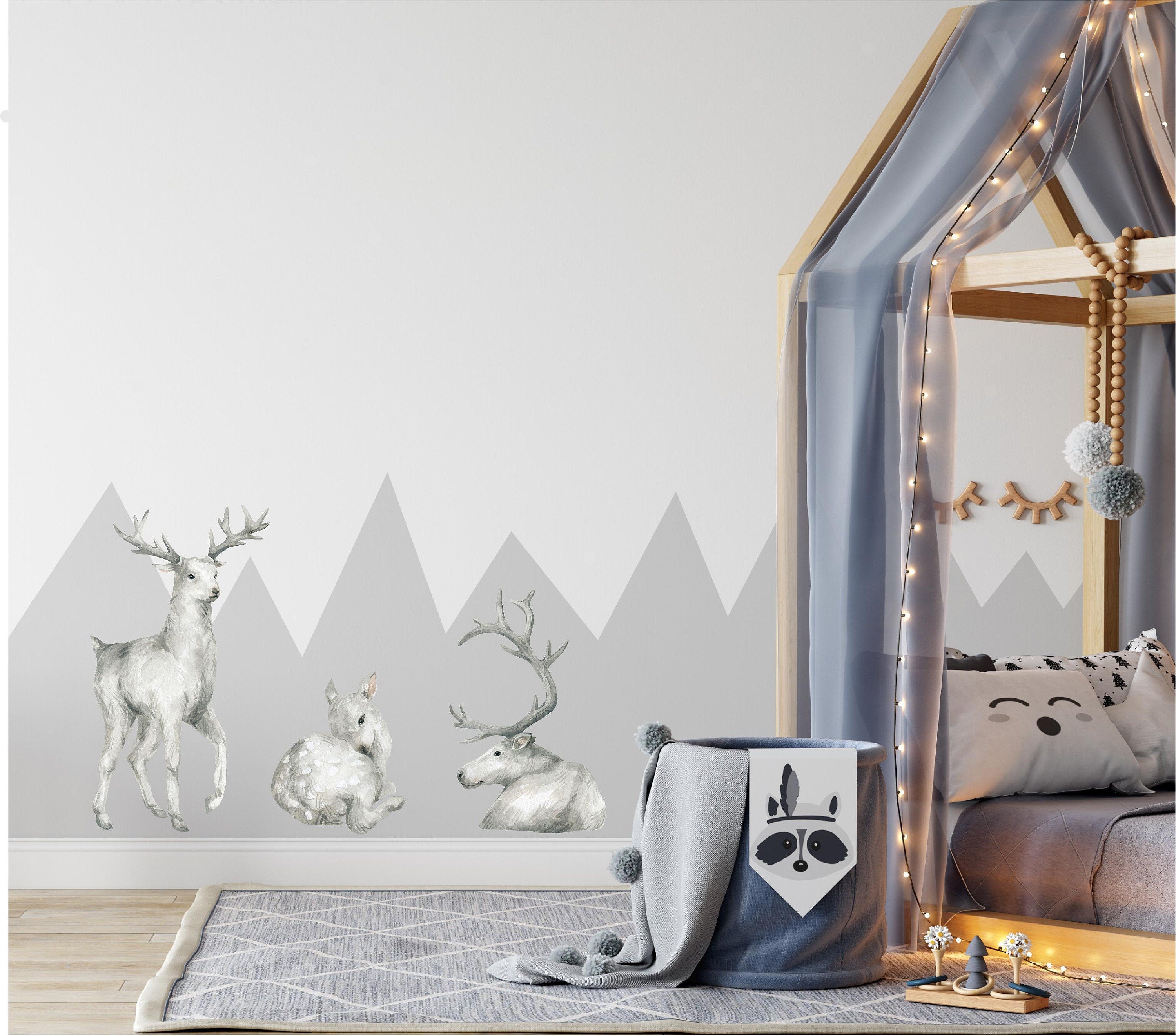 White Reindeer Wall Decal Set of 3 Arctic Northern Wildlife Deer Wall Sticker Removable Fabric  Nursery Decor