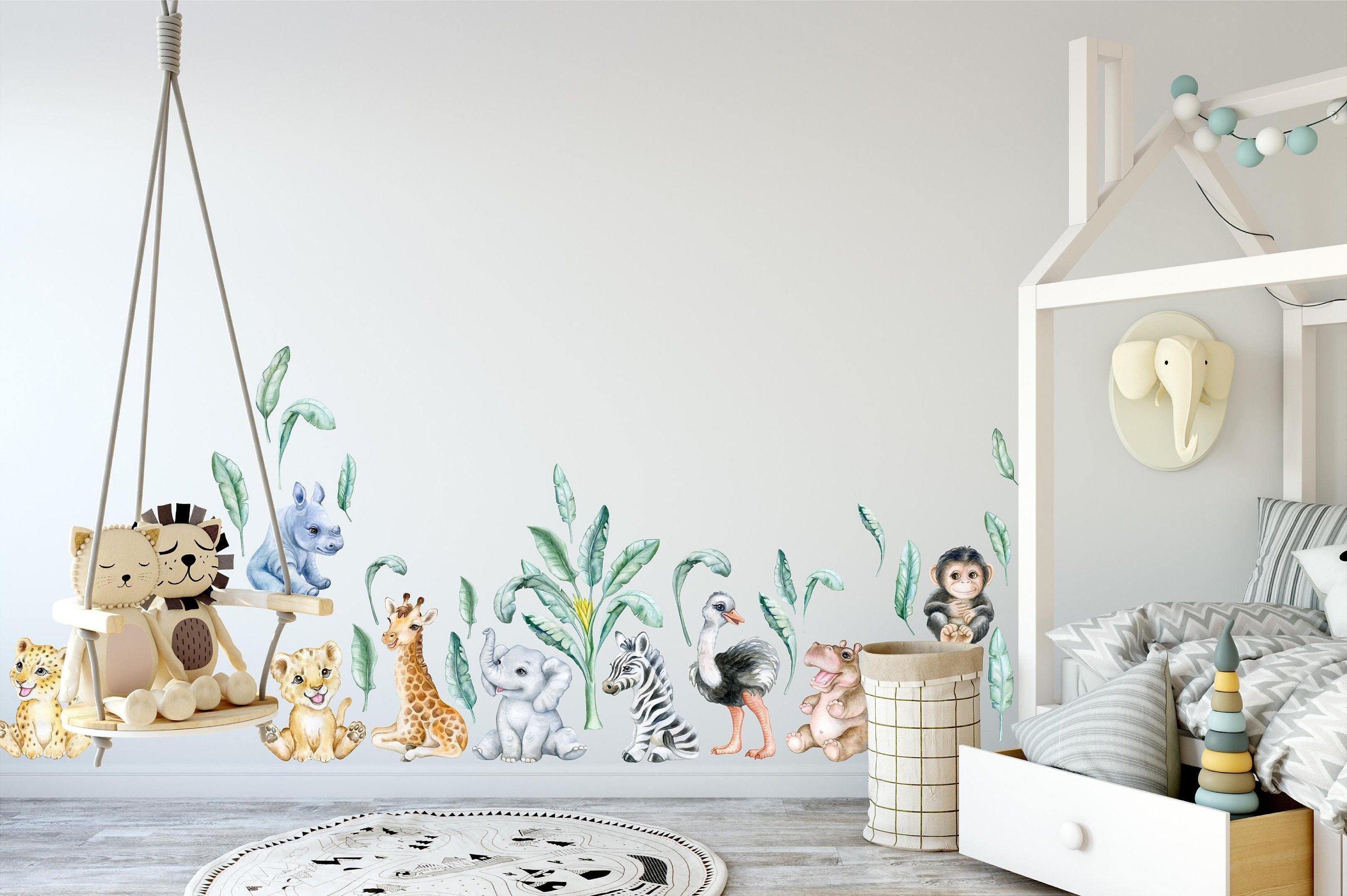 Baby Safari Animals Wall Decal Set - Cute Baby Animals & Tropical Banana Palm Leaves Removable Fabric  Wall Stickers