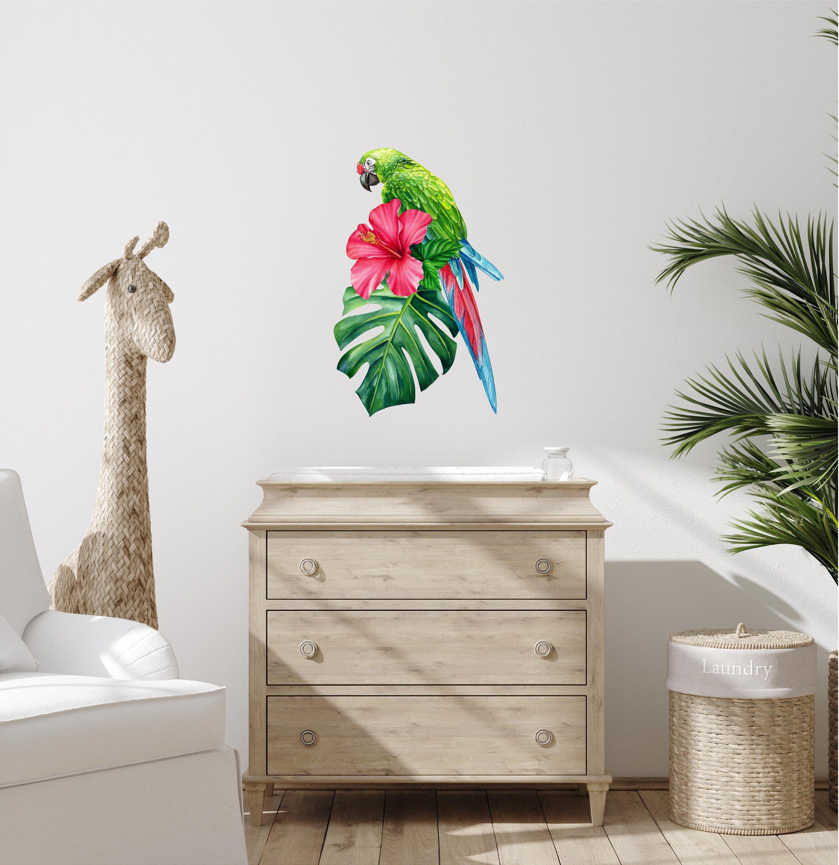 Green Macaw Parrot Hibiscus Flower & Monstera Leaf Wall Decal Mural Rainforest Safari Removable Fabric  Wall Sticker