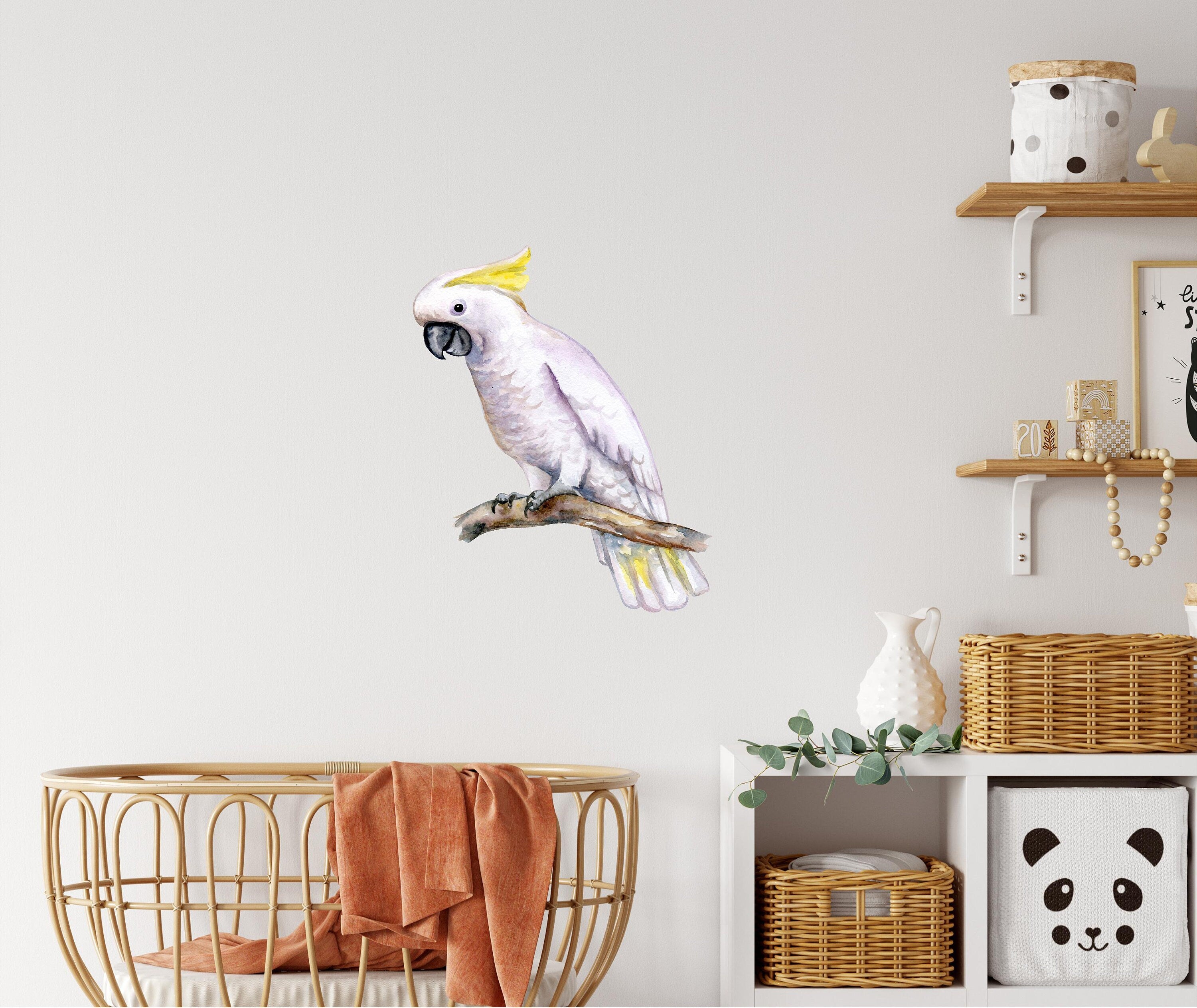Yellow-Crested Cockatoo Parrot On Branch Wall Decal Tropical Rainforest Bird Wall Sticker Removable Fabric  Nursery Room Decor