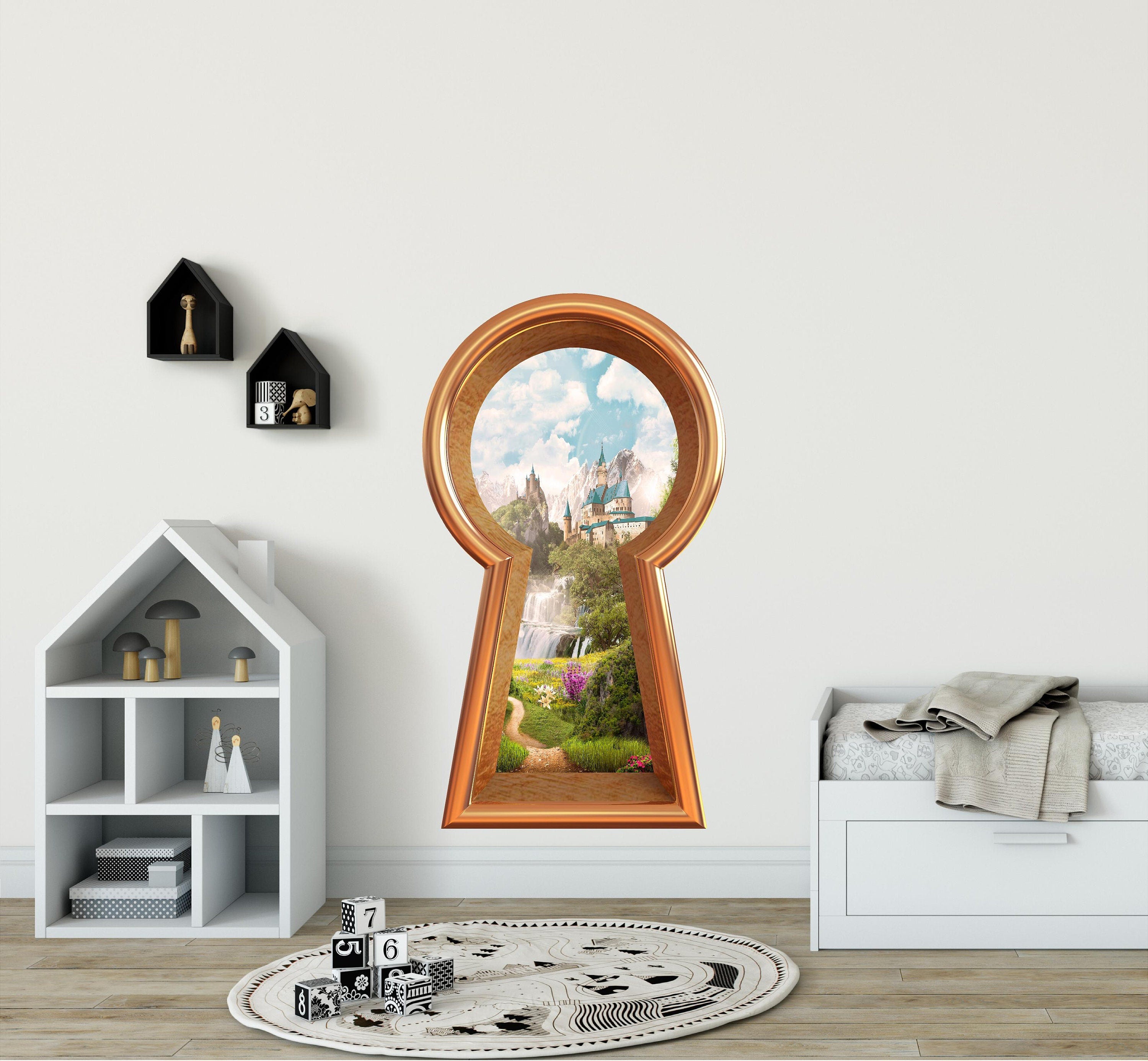 3D Keyhole Fabric Wall Decal - Fairytale Castle Waterfall Mountain - Removable Fabric Wall Sticker - 3d Keyhole Wall Sticker