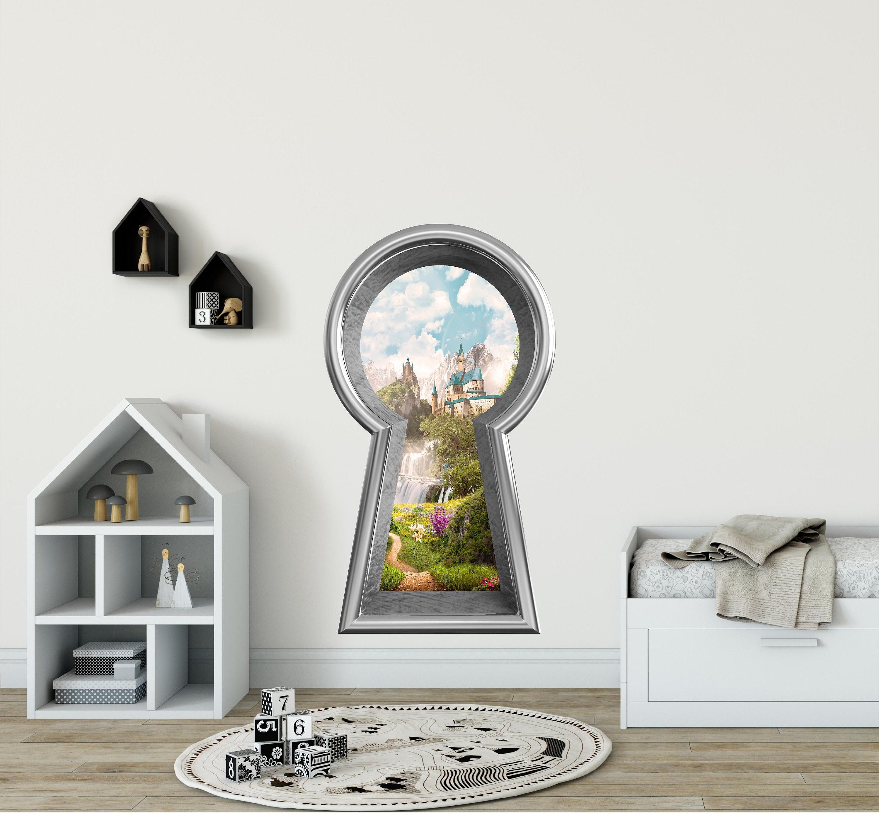 3D Keyhole Fabric Wall Decal - Fairytale Castle Waterfall Mountain - Removable Fabric Wall Sticker - 3d Keyhole Wall Sticker