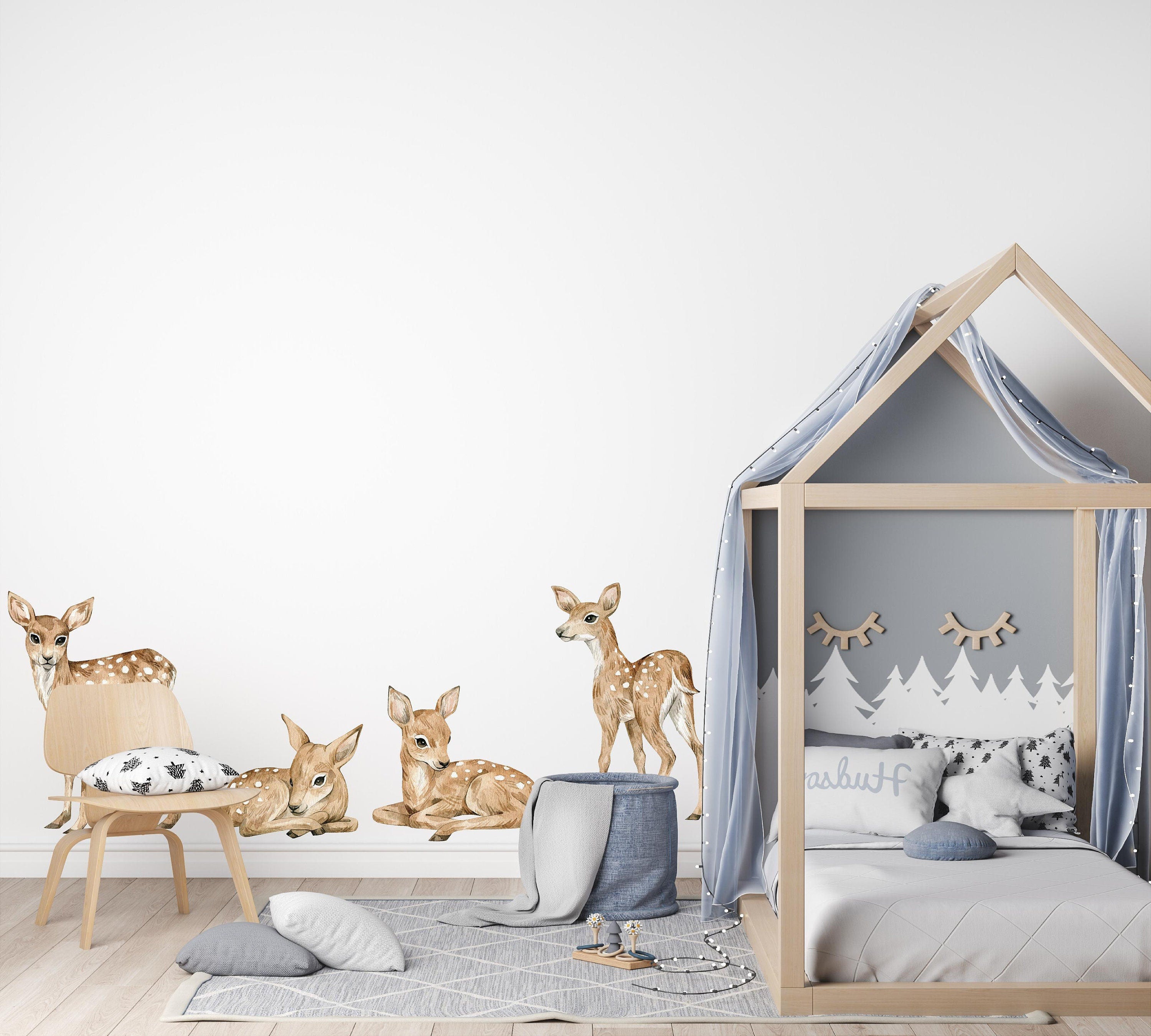 Fawns Wall Decal Set of 4 Watercolor Woodland Forest Animals Deer Removable Fabric Wall Sticker | DecalBaby