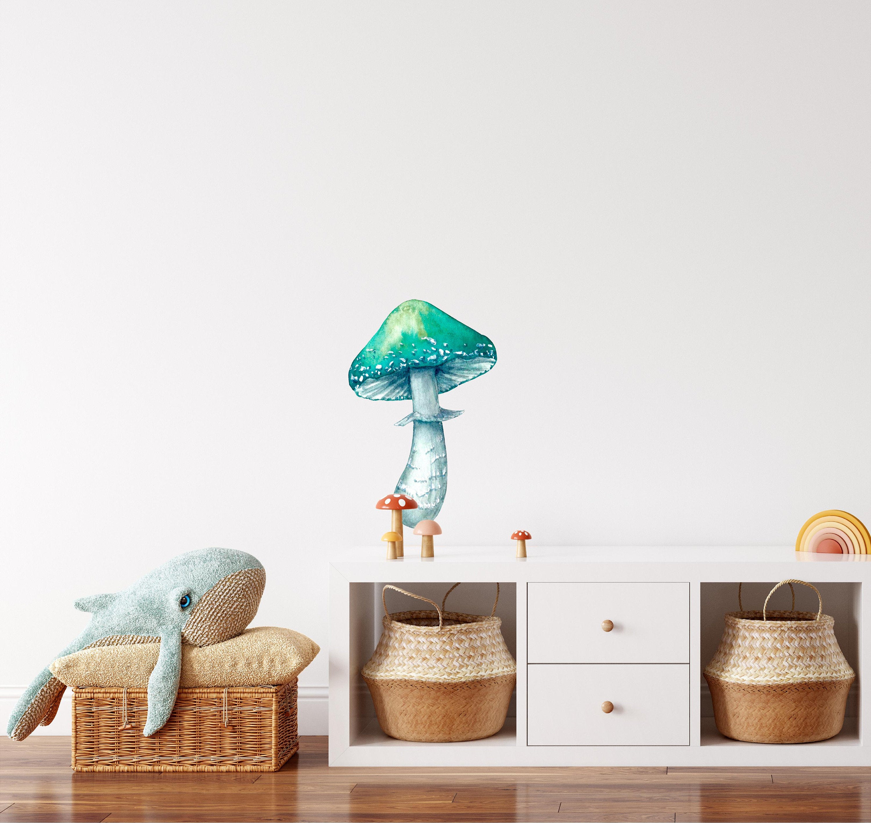 Whimsical Green Mushroom Wall Decal Watercolor Woodland Forest Life Fabric Wall Sticker