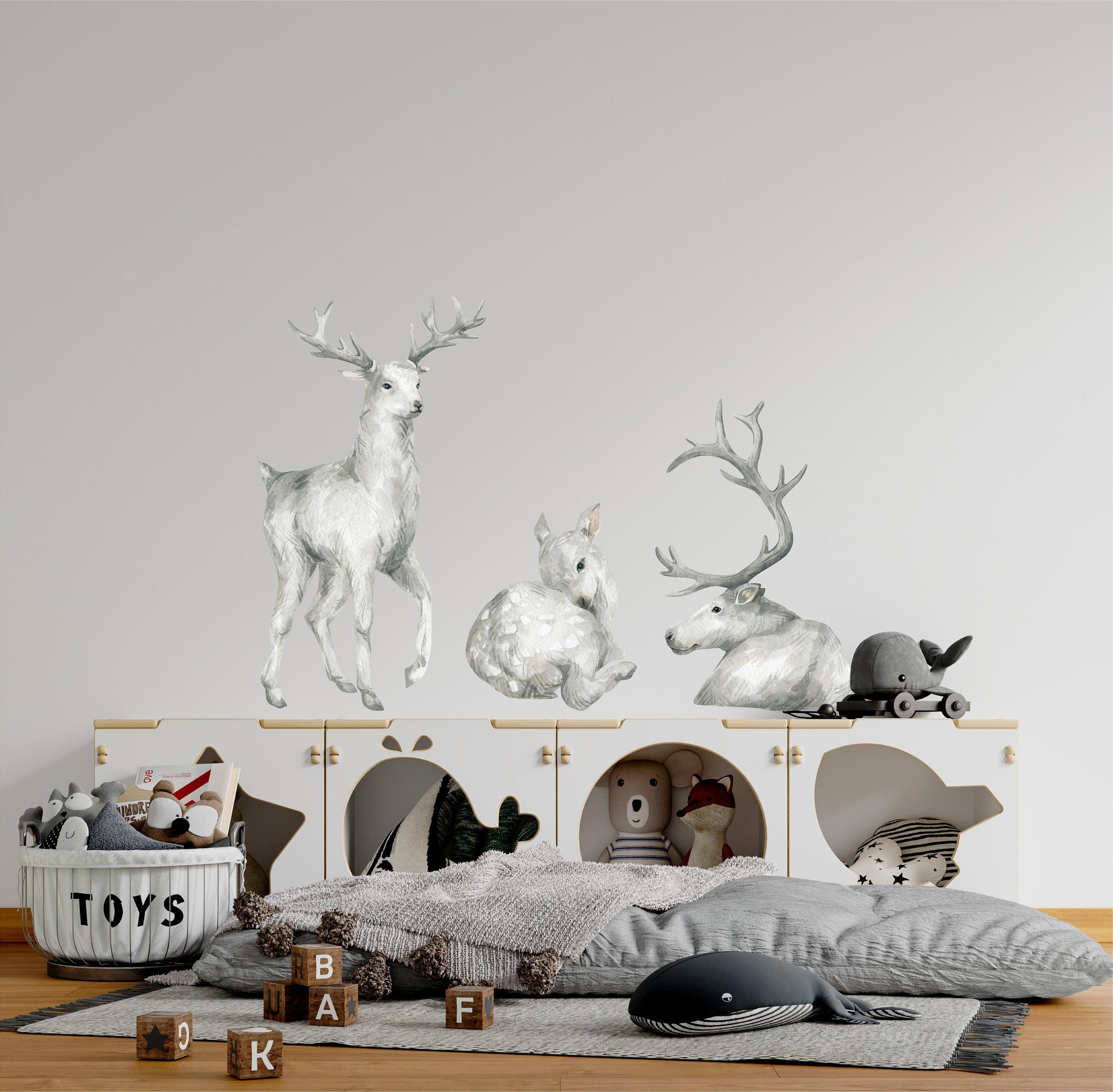 White Reindeer Wall Decal Set of 3 Arctic Northern Wildlife Deer Wall Sticker Removable Fabric  Nursery Decor