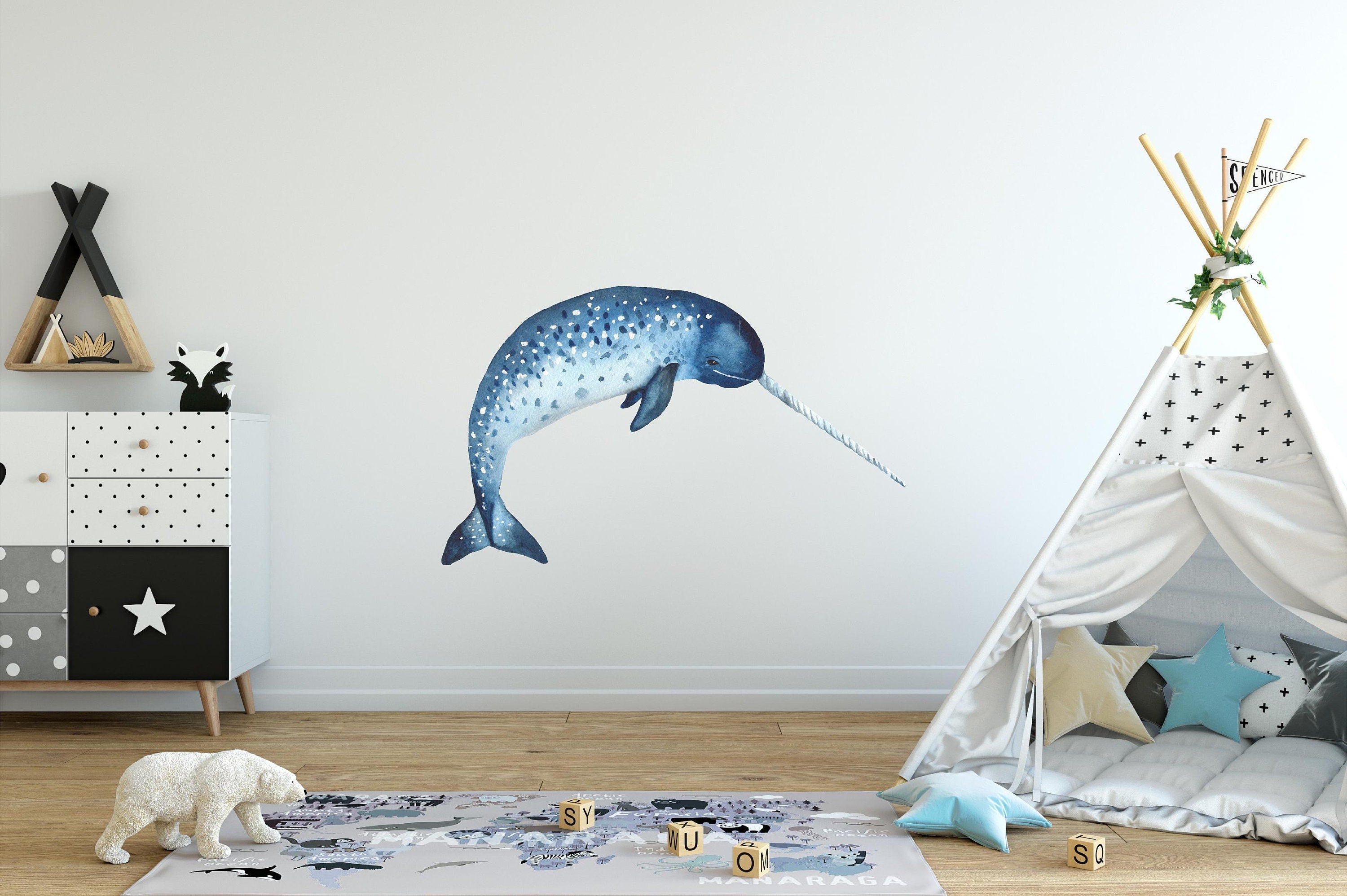 Blue Narwhal Wall Decal Whale Ocean Sea Life Animal Removable Fabric Wall Sticker