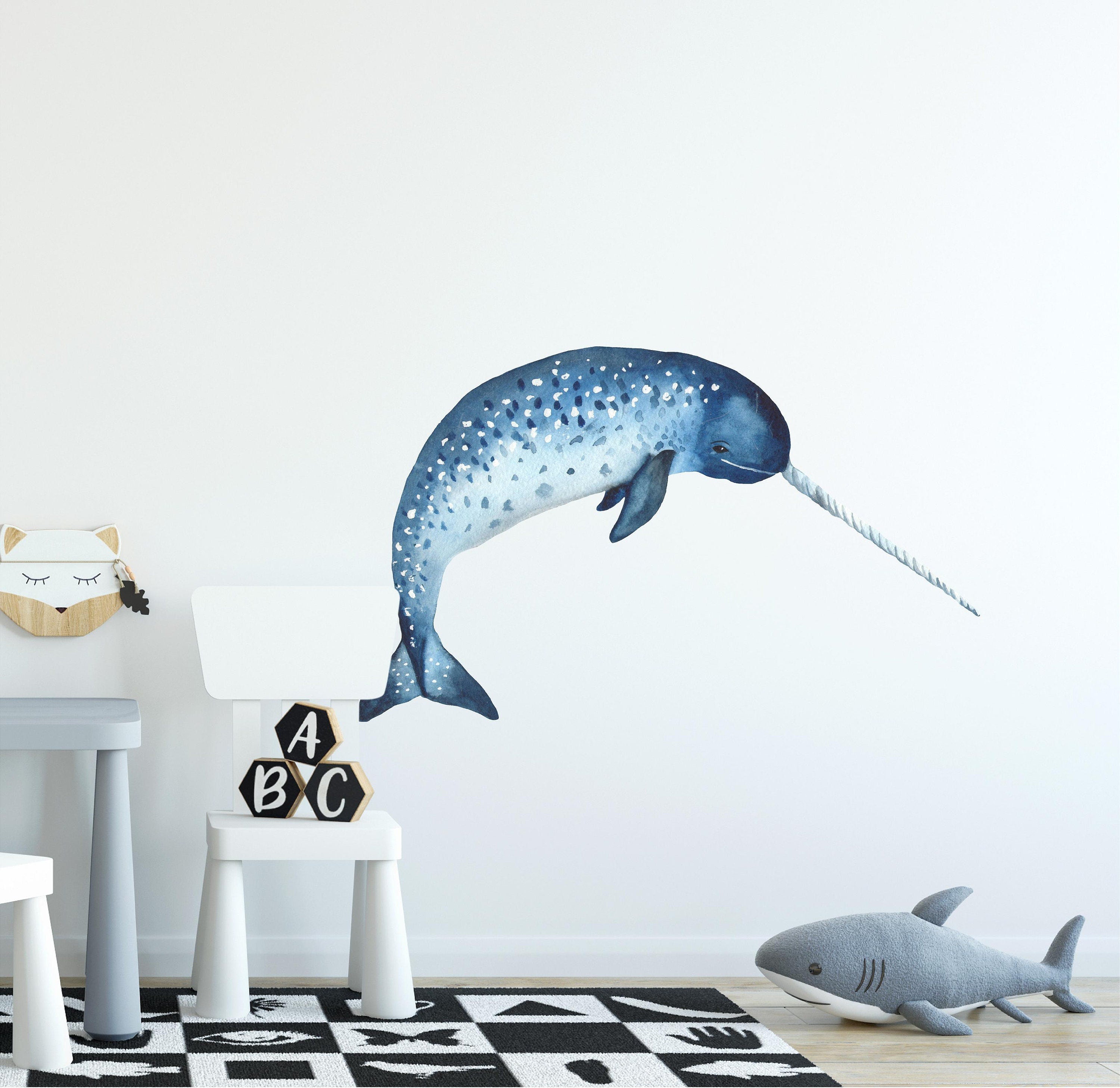 Blue Narwhal Wall Decal Whale Ocean Sea Life Animal Removable Fabric Wall Sticker