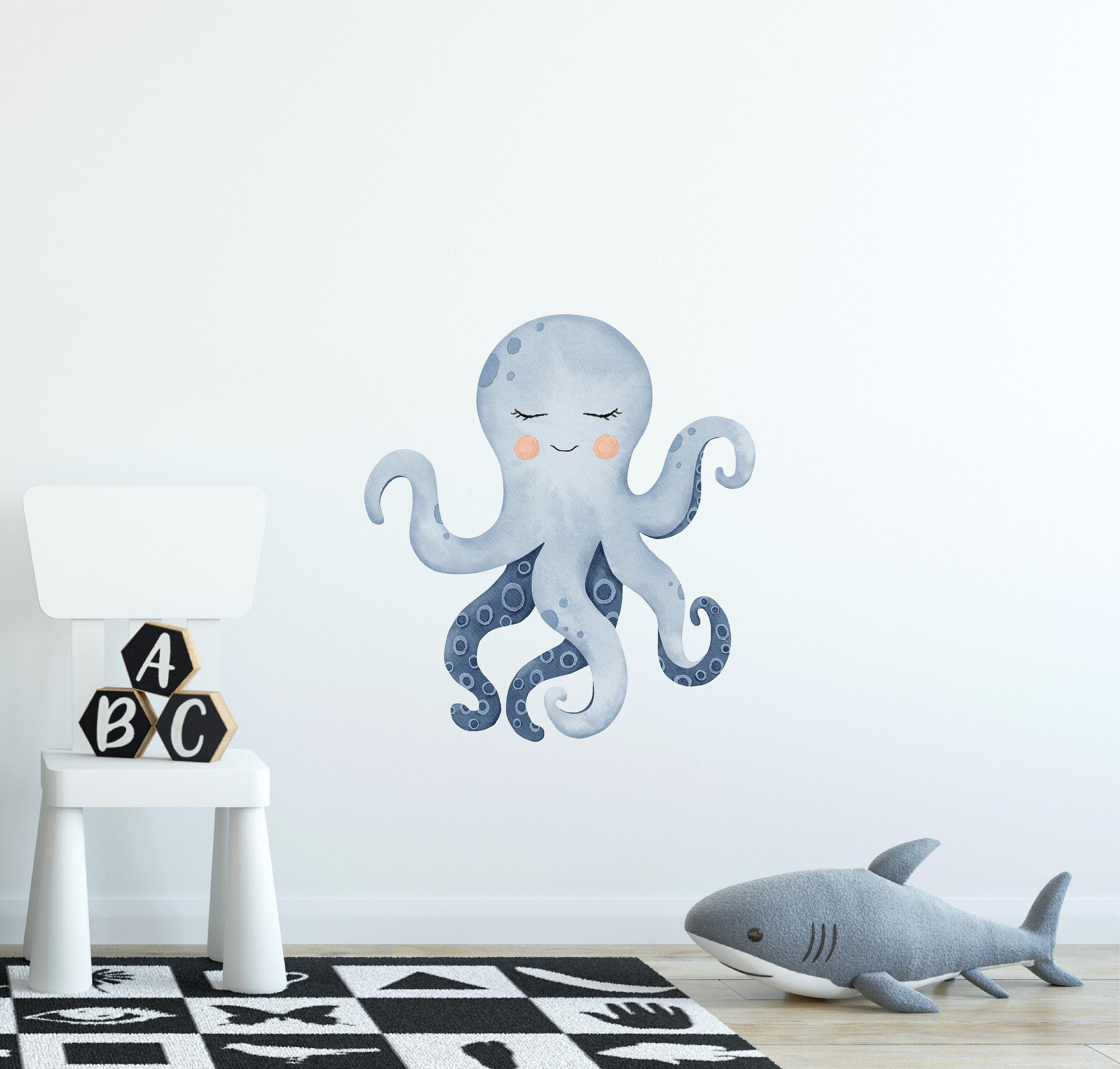 Baby Blue Octopus Wall Decal Watercolor Ocean Sea Animal Removable Fabric Wall Sticker