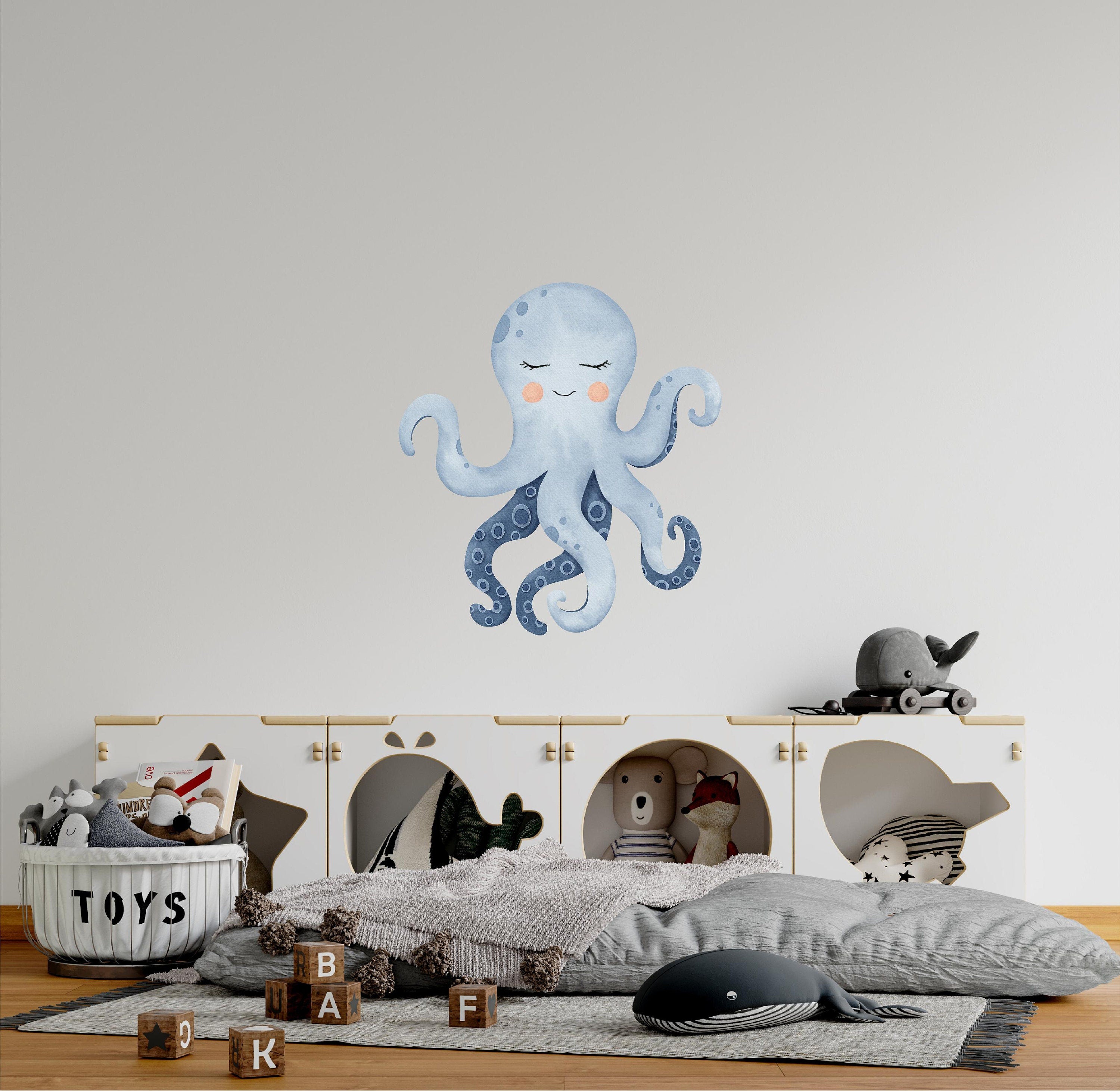Baby Blue Octopus Wall Decal Watercolor Ocean Sea Animal Removable Fabric Wall Sticker