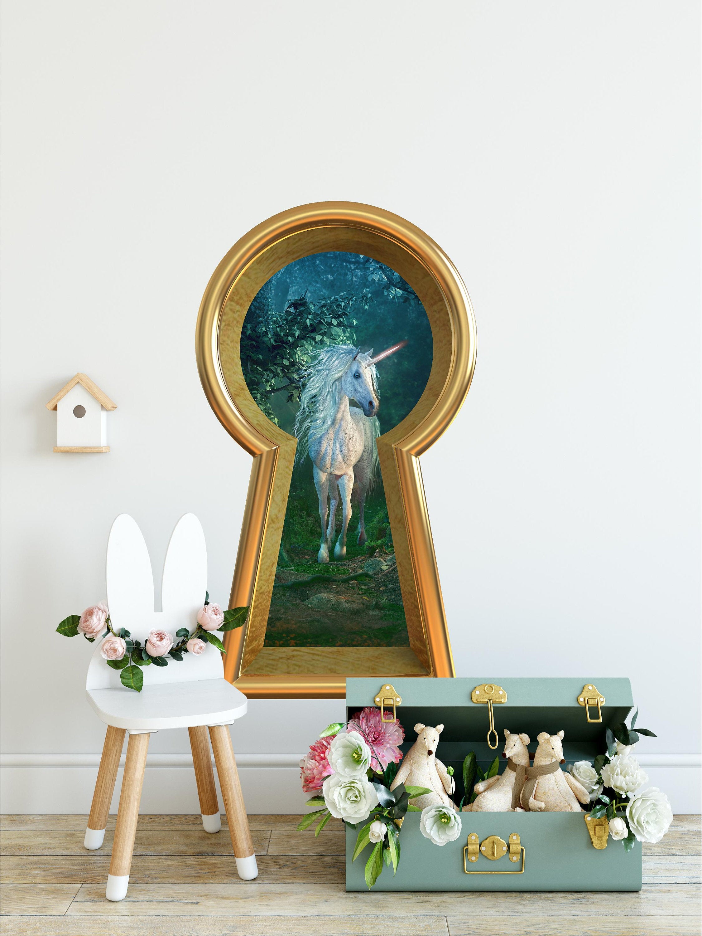 3d Keyhole Fabric Wall Decal - Unicorn In Enchanted Dark Forest - 3D Keyhole Wall Sticker - Wonderland Decal - Removable