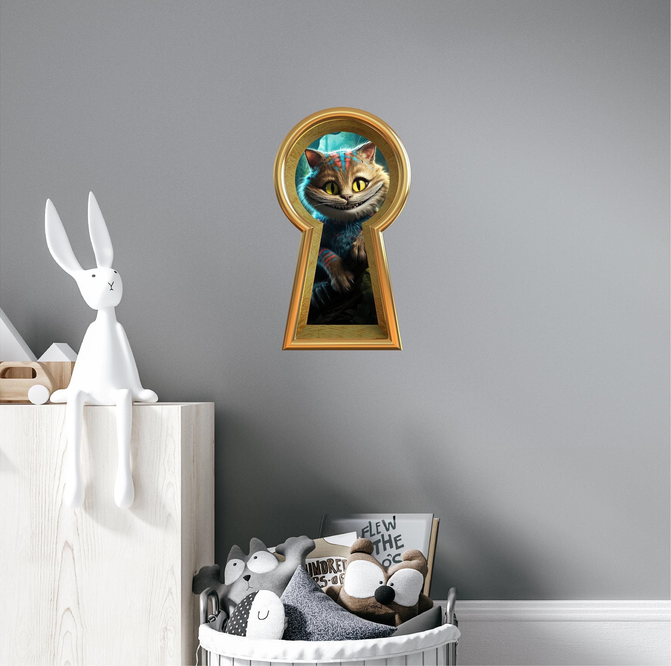 Wonderland Cat Keyhole Fabric Wall Decal - Smiling Cat Wall Sticker - Whimsical Wall Decor - Peel and Stick - Removable - Repositionable