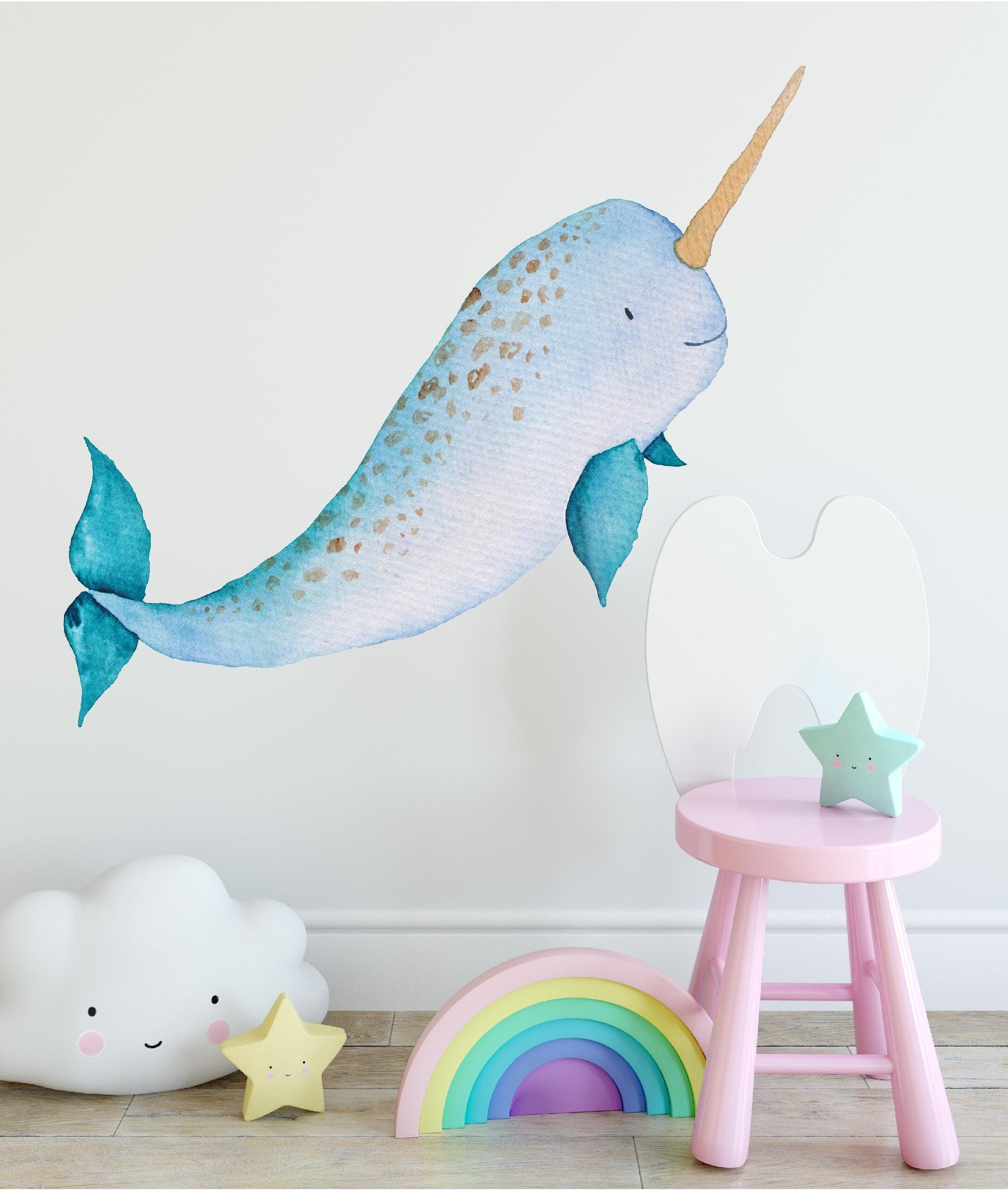 Baby Narwhal Fabric Wall Decal, Whale Wall Decal, Ocean Sea Animal, Removable Wall Sticker Peel and Stick Nursery Playroom Baby Room Decor