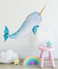 Baby Narwhal Fabric Wall Decal, Whale Wall Decal, Ocean Sea Animal, Removable Wall Sticker Peel and Stick Nursery Playroom Baby Room Decor