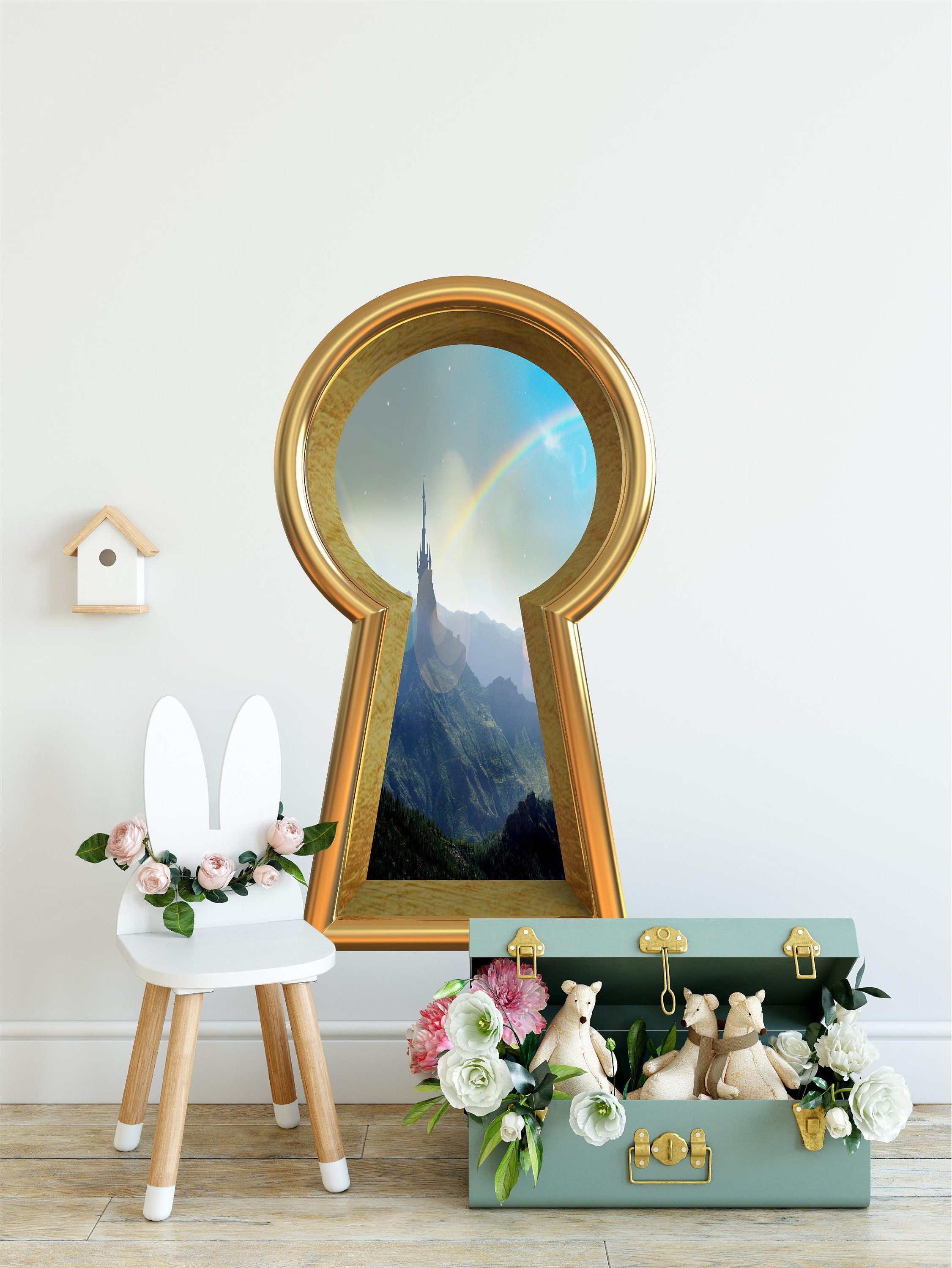 3d Keyhole Fabric Wall Decal - Rainbow Over Castle Tower - 3D Keyhole Wall Sticker - Wonderland Decal - Removable