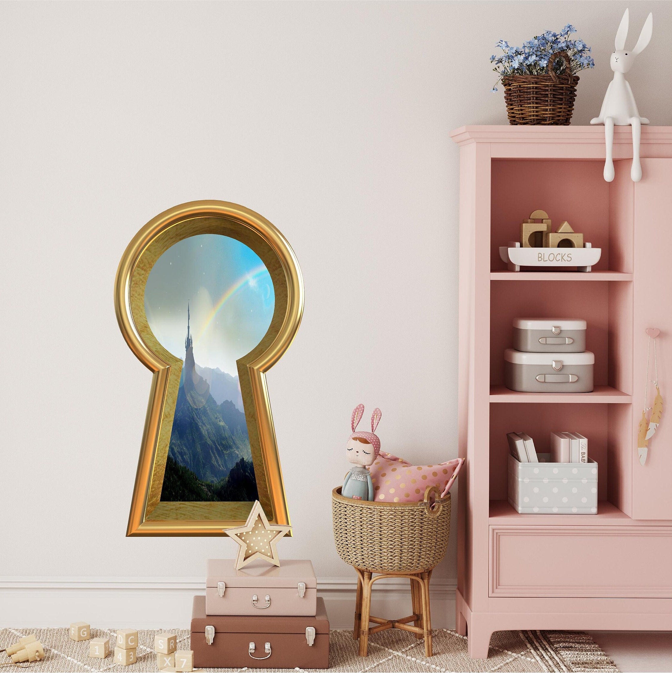3d Keyhole Fabric Wall Decal - Rainbow Over Castle Tower - 3D Keyhole Wall Sticker - Wonderland Decal - Removable