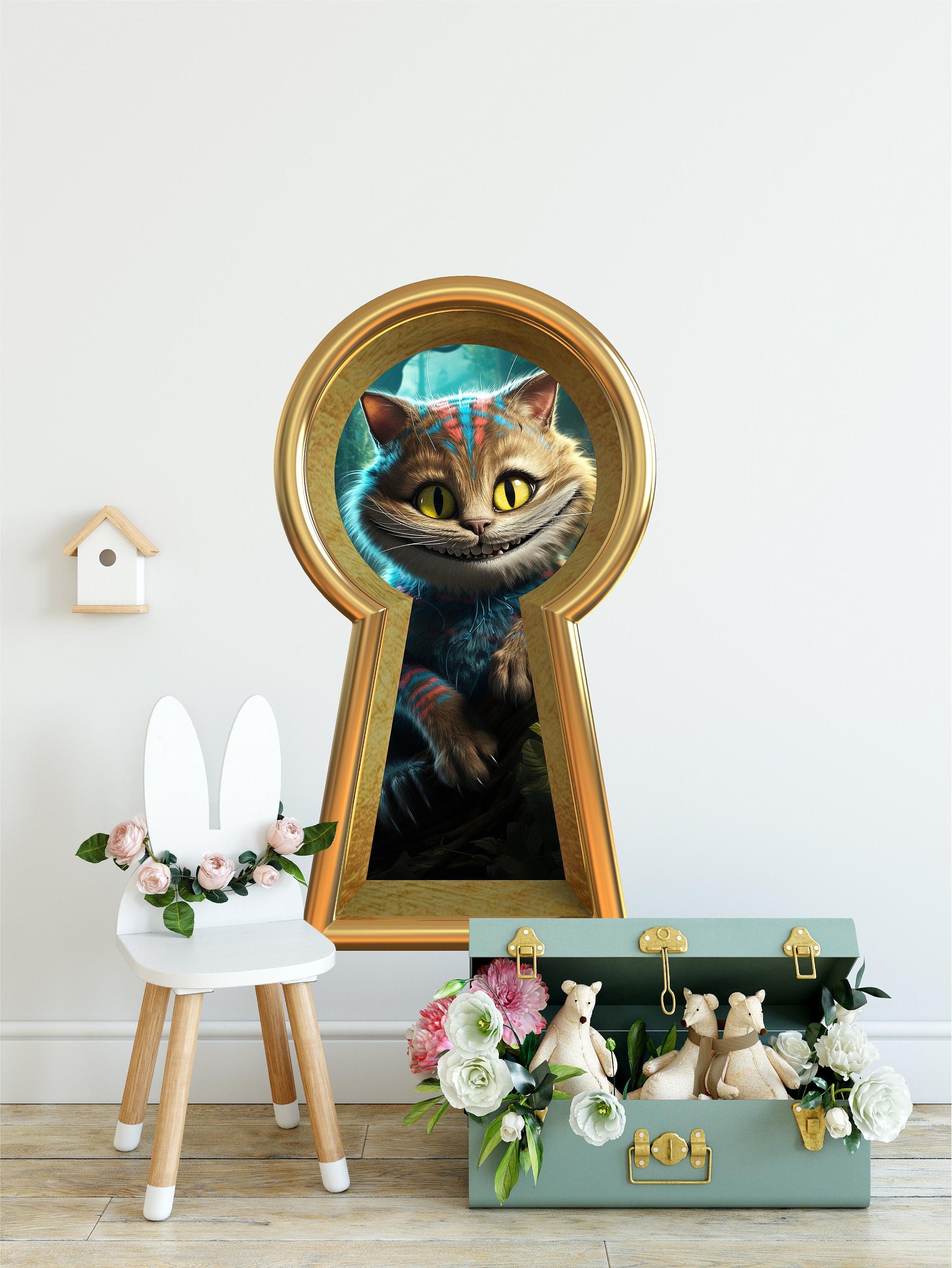 Wonderland Cat Keyhole Fabric Wall Decal - Smiling Cat Wall Sticker - Whimsical Wall Decor - Peel and Stick - Removable - Repositionable