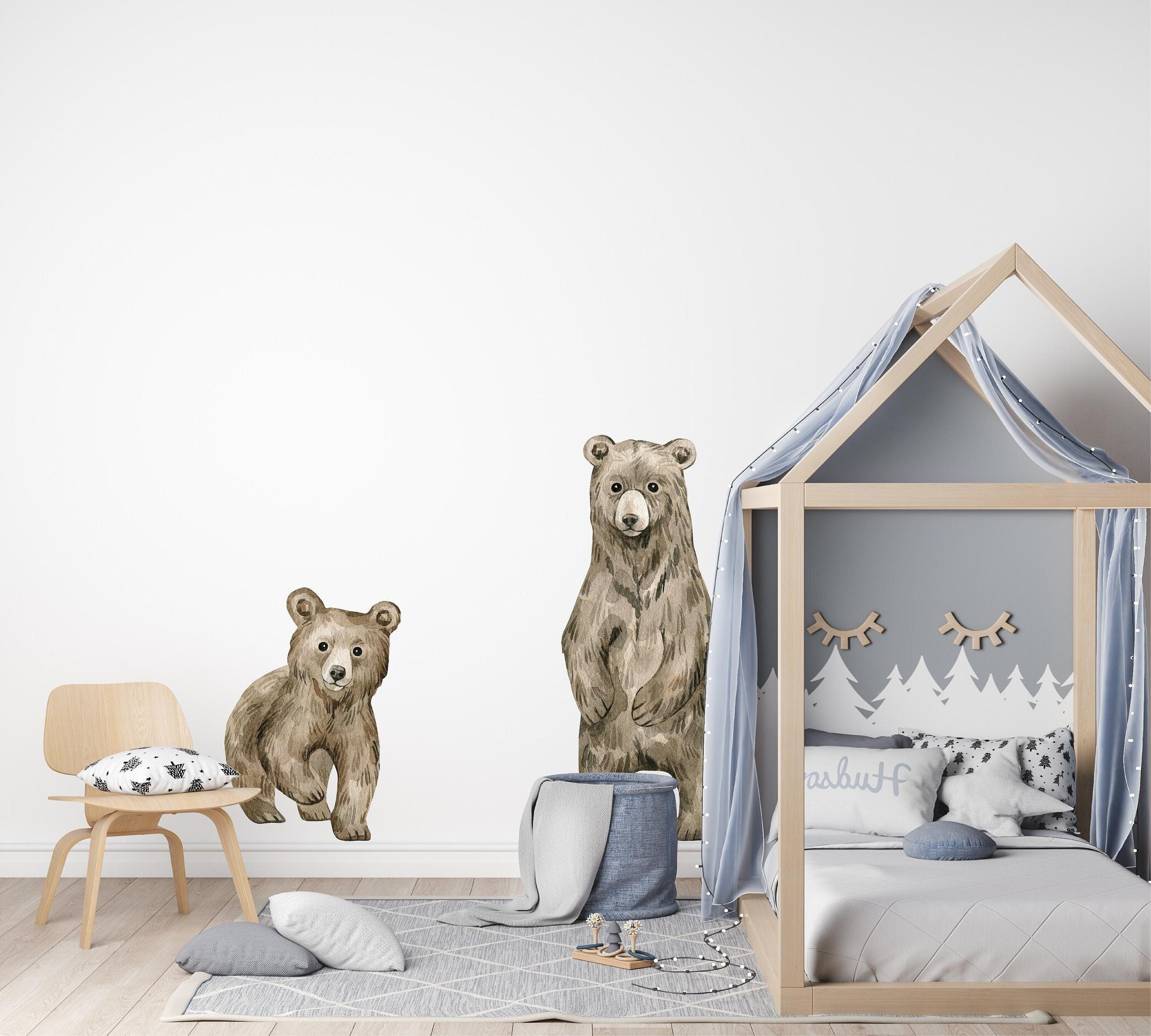 Brown Baby Bear Cubs Wall Decal Set of 2 Watercolor Woodland Forest Animal Fabric Wall Stickers
