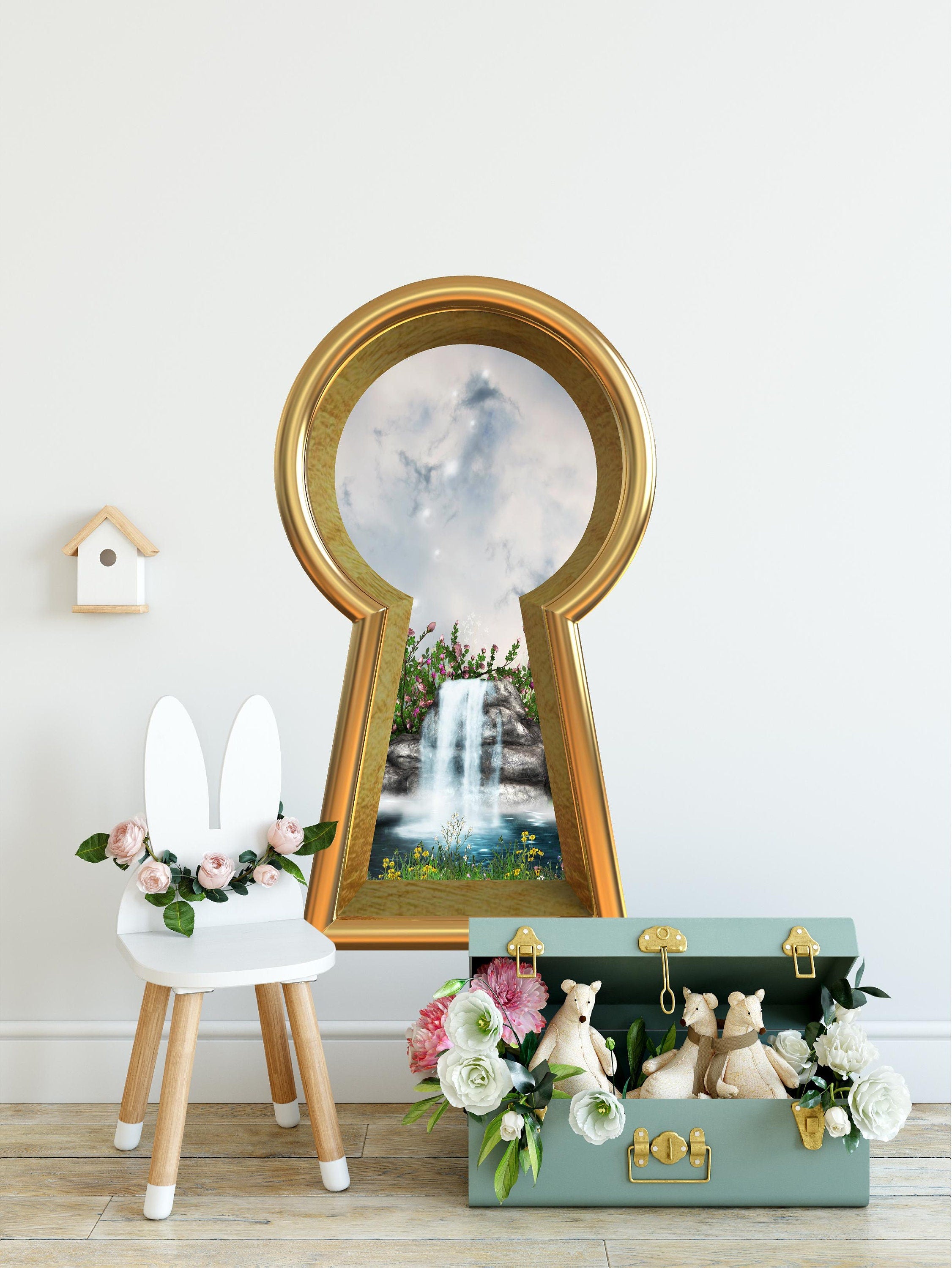 3d Keyhole Fabric Wall Decal - Fairytale Waterfall - 3D Keyhole Wall Sticker - Wonderland Decal - Removable