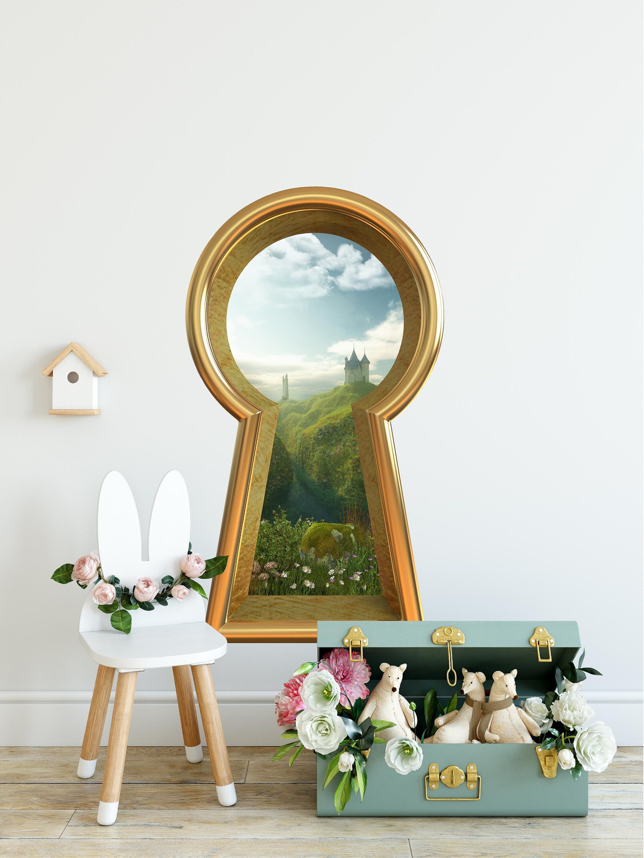 3d Keyhole Fabric Wall Decal - Castle By The Sea Cliff - 3D Keyhole Wall Sticker - Wonderland Decal - Removable