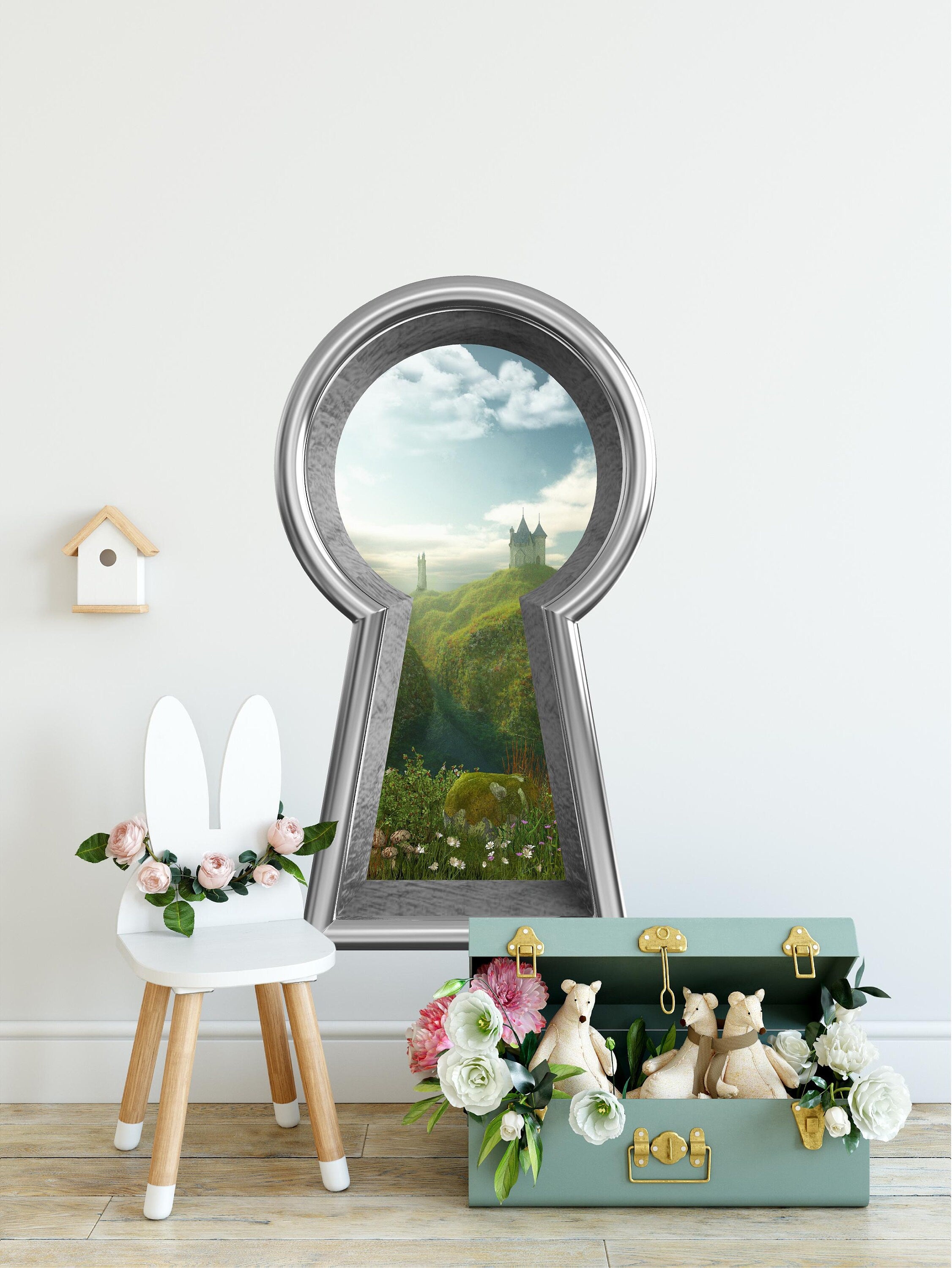 3d Keyhole Fabric Wall Decal - Castle By The Sea Cliff - 3D Keyhole Wall Sticker - Wonderland Decal - Removable