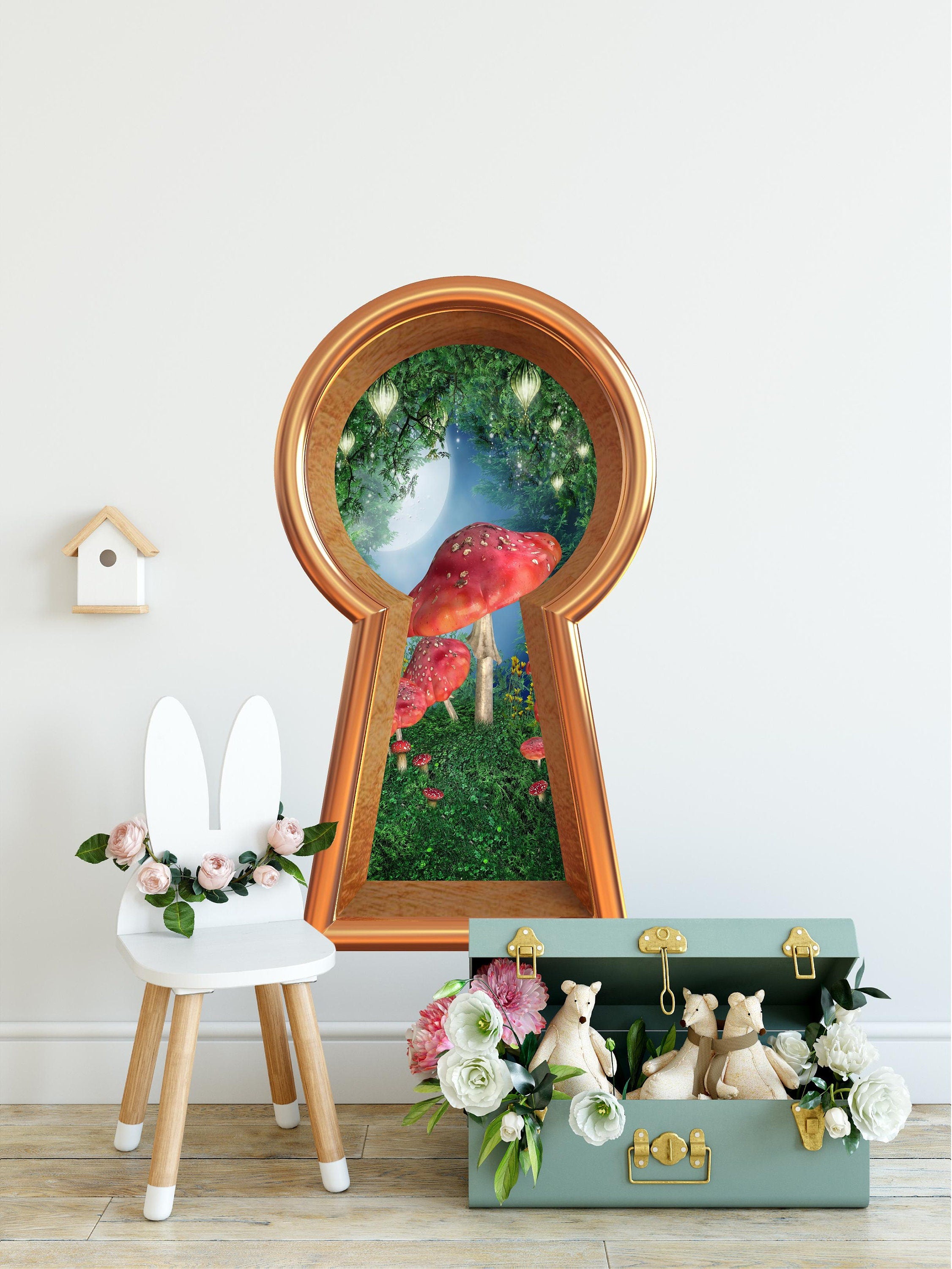 Wonderland 3d Keyhole Fabric Wall Decal - Enchanted Lantern Mushroom Forest - 3D Keyhole Wall Sticker - Removable