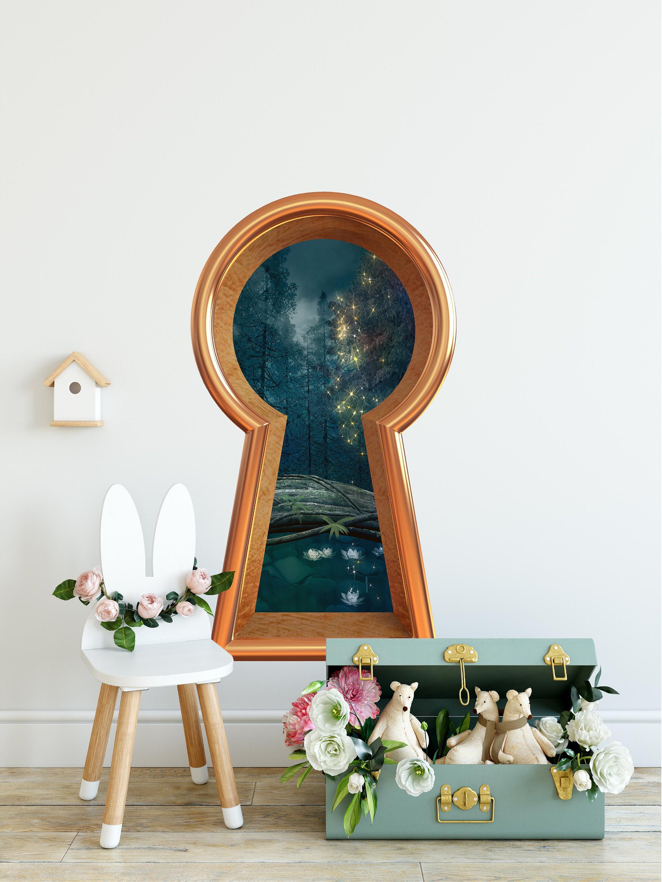 3d Keyhole Fabric Wall Decal - Enchanted Dark Forest Pond Water Lillies - 3D Keyhole Wall Sticker - Fairytale Decal - Removable