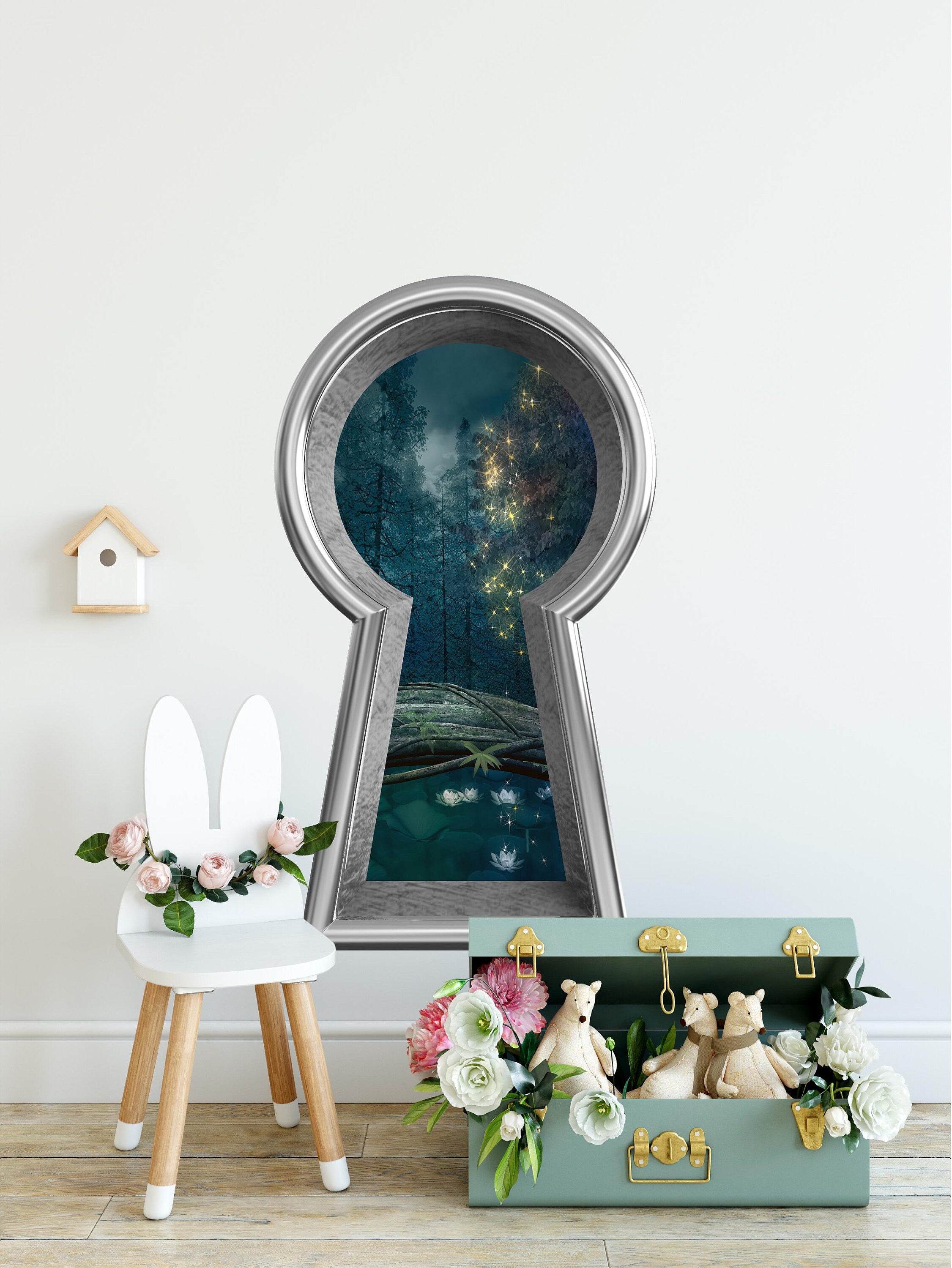 3d Keyhole Fabric Wall Decal - Enchanted Dark Forest Pond Water Lillies - 3D Keyhole Wall Sticker - Fairytale Decal - Removable