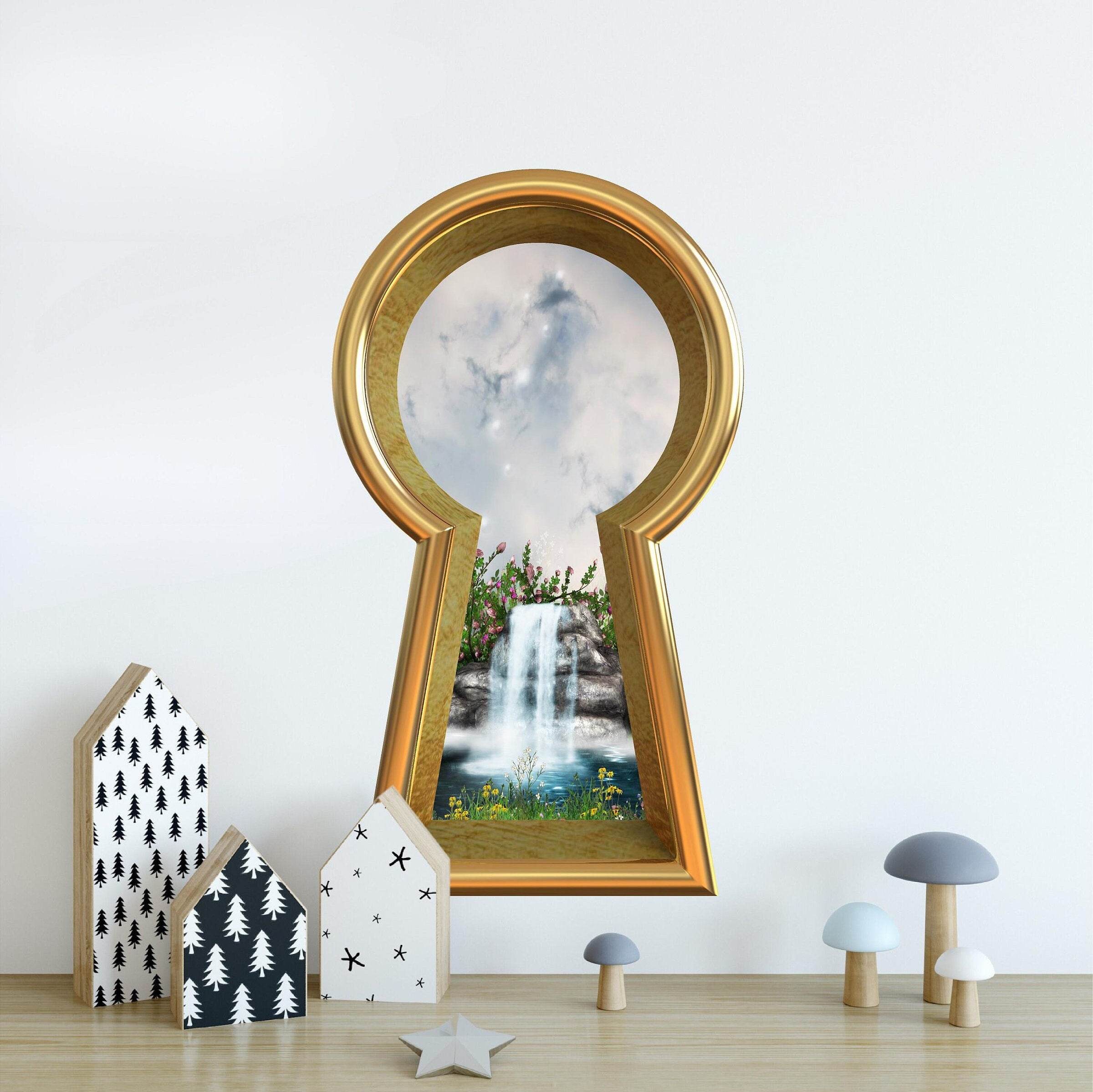 3d Keyhole Fabric Wall Decal - Fairytale Waterfall - 3D Keyhole Wall Sticker - Wonderland Decal - Removable