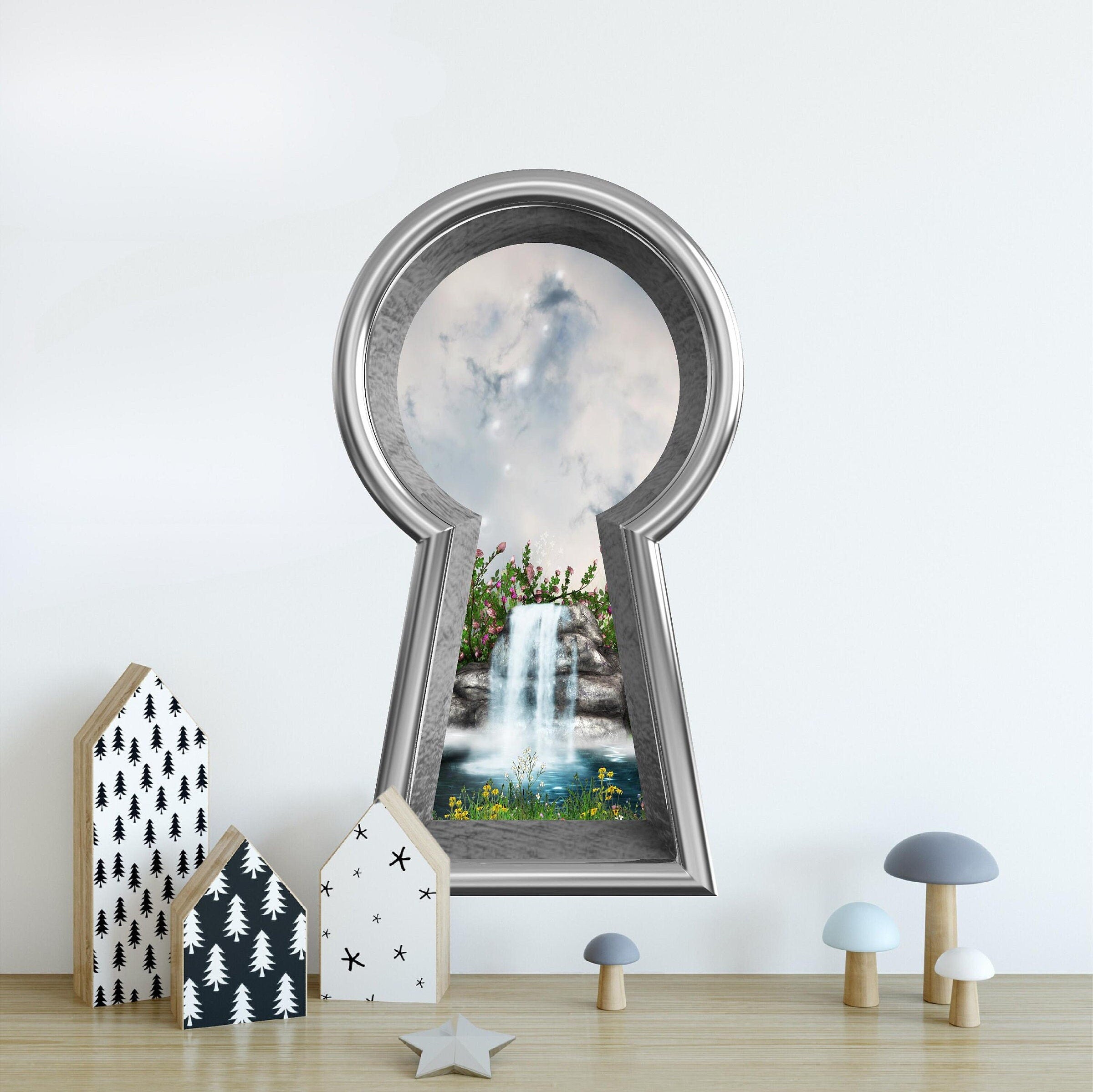 3d Keyhole Fabric Wall Decal - Fairytale Waterfall - 3D Keyhole Wall Sticker - Wonderland Decal - Removable