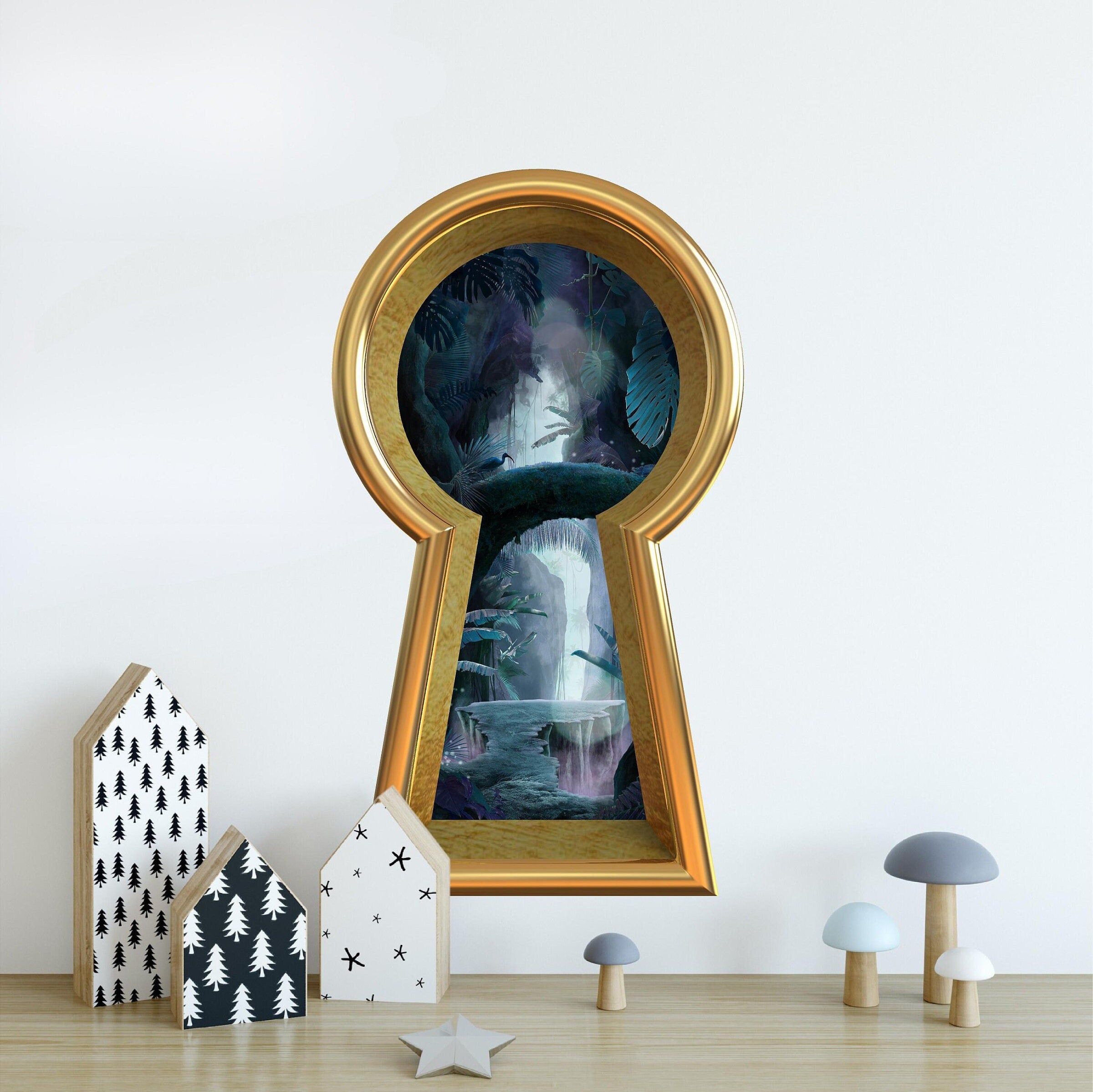 3d Keyhole Fabric Wall Decal - Safari Dark Jungle at Night - 3D Keyhole Wall Sticker - Wonderland Decal - Removable