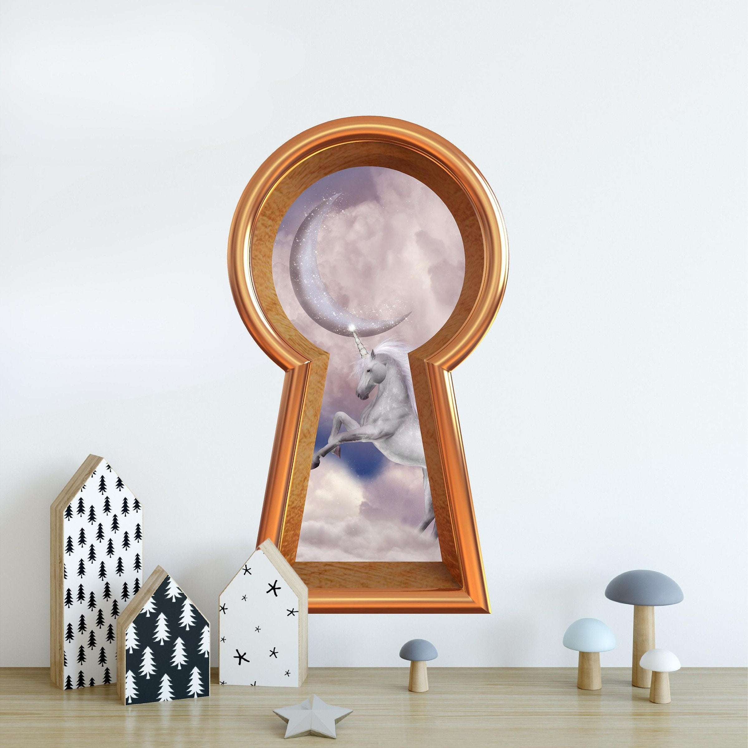 3d Keyhole Fabric Wall Decal - Unicorn In Clouds Moon - 3D Keyhole Wall Sticker - Wonderland Fantasy Decal - Removable