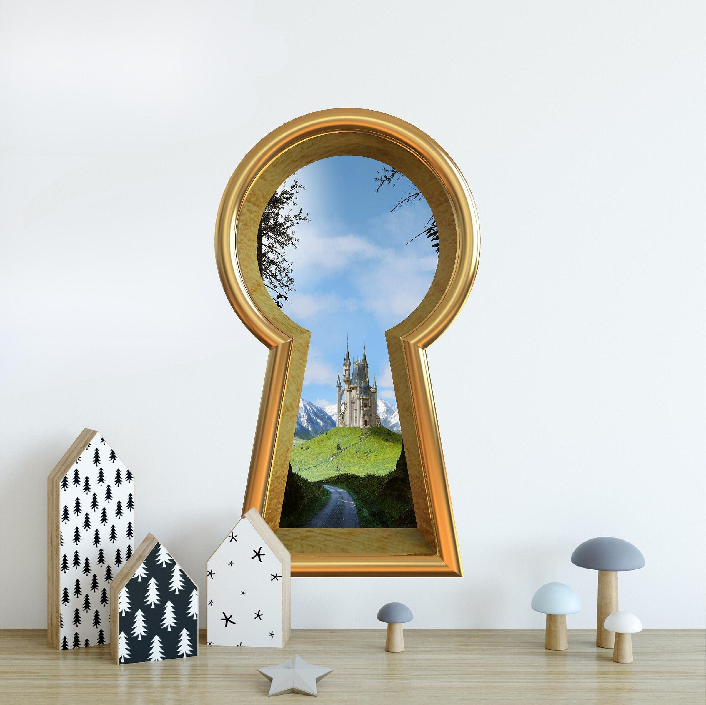 3d Keyhole Fabric Wall Decal - Princess Castle View From Forest - 3D Keyhole Wall Sticker - Enchanted Wonderland - Removable
