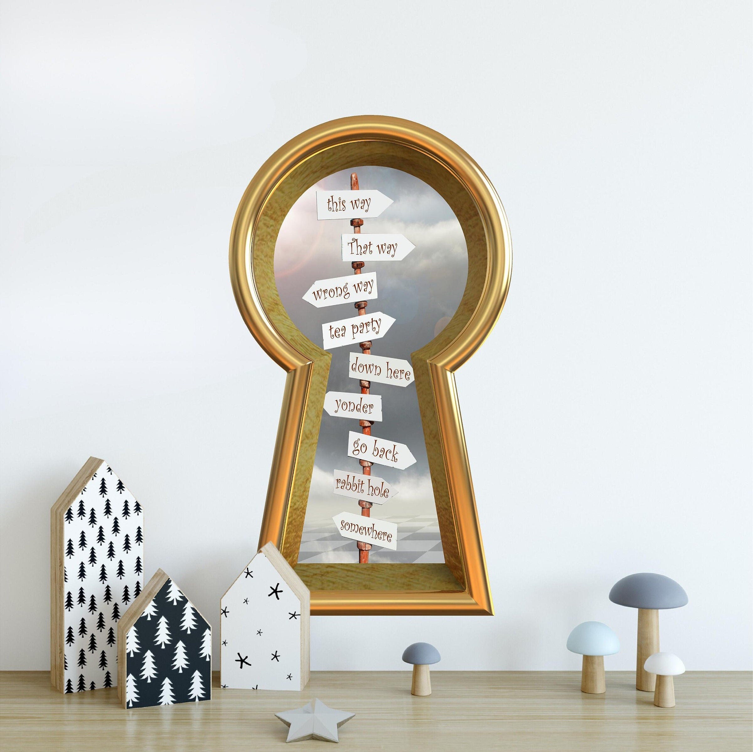 Wonderland Signpost 3d Keyhole Fabric Wall Decal - Sign Post This Way That Way - 3D Keyhole Wall Sticker - Removable
