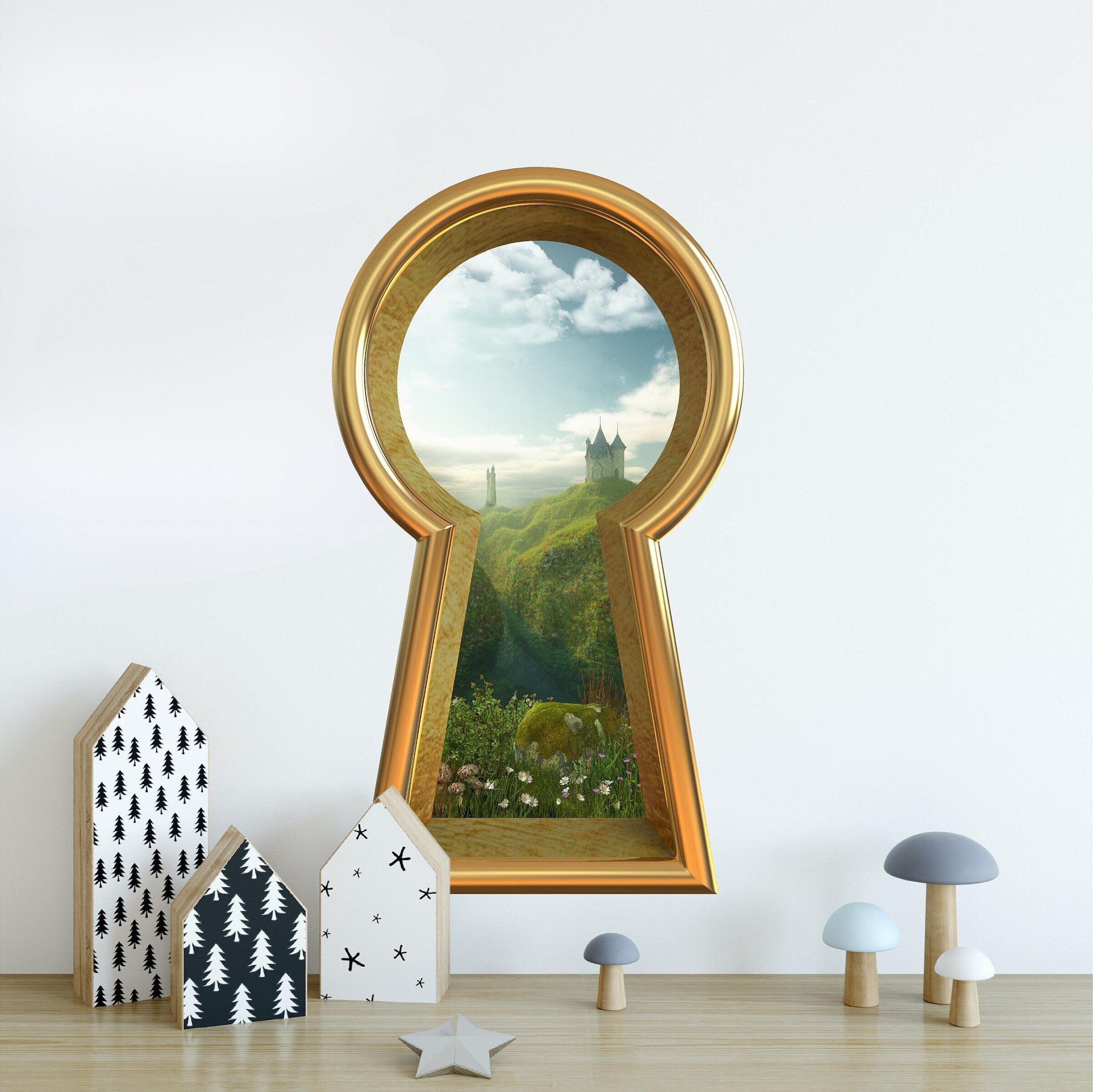 3d Keyhole Fabric Wall Decal - Castle By The Sea Cliff - 3D Keyhole Wall Sticker - Wonderland Decal - Removable