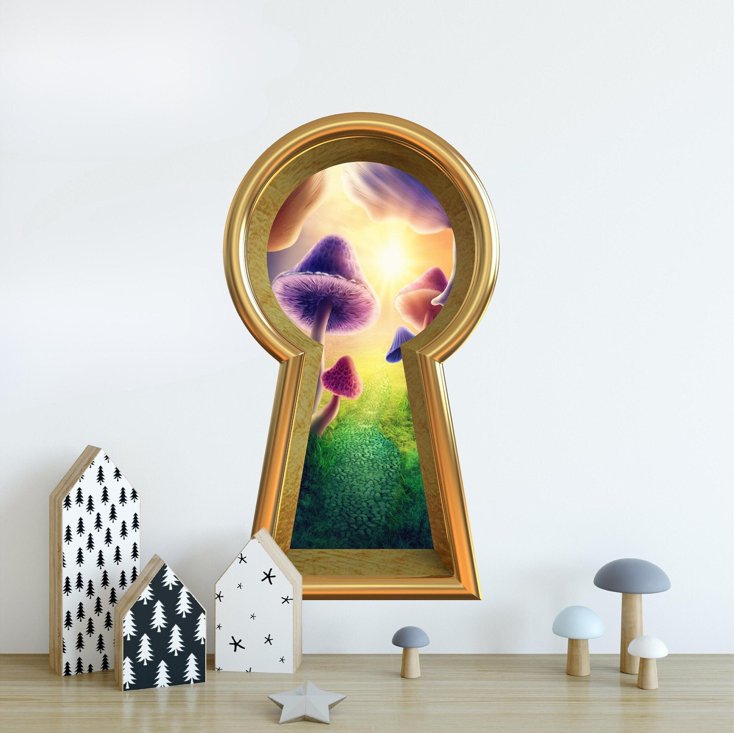 3d Keyhole Fabric Wall Decal - Mushroom Wonderland Brick Path - 3D Keyhole Wall Sticker - Wonderland Decal - Removable