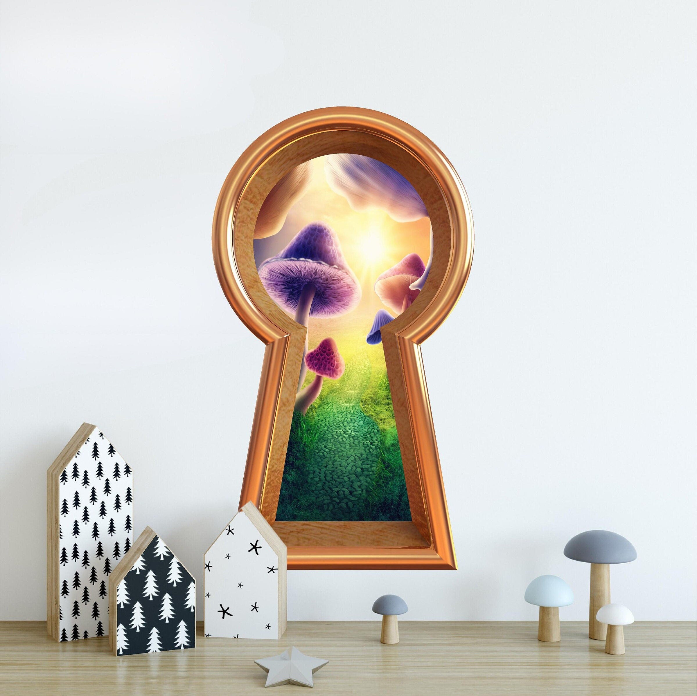 3d Keyhole Fabric Wall Decal - Mushroom Wonderland Brick Path - 3D Keyhole Wall Sticker - Wonderland Decal - Removable