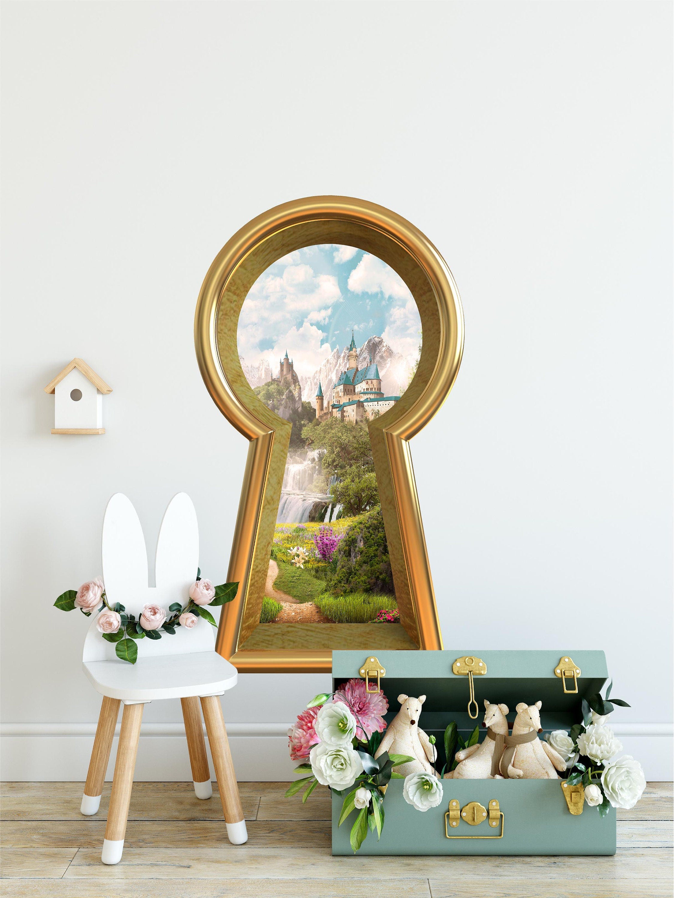 3D Keyhole Fabric Wall Decal - Fairytale Castle Waterfall Mountain - Removable Fabric Wall Sticker - 3d Keyhole Wall Sticker