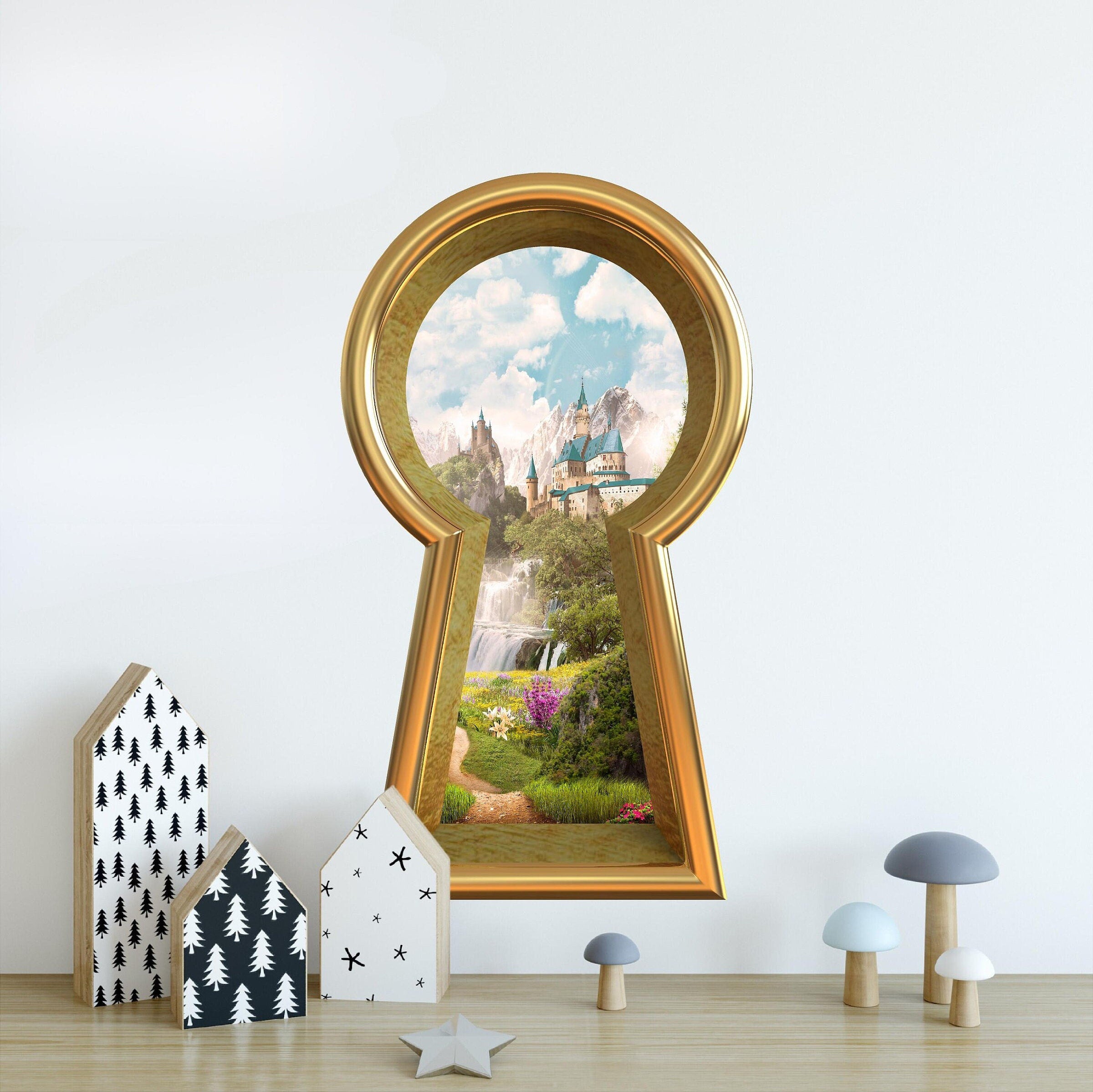 3D Keyhole Fabric Wall Decal - Fairytale Castle Waterfall Mountain - Removable Fabric Wall Sticker - 3d Keyhole Wall Sticker