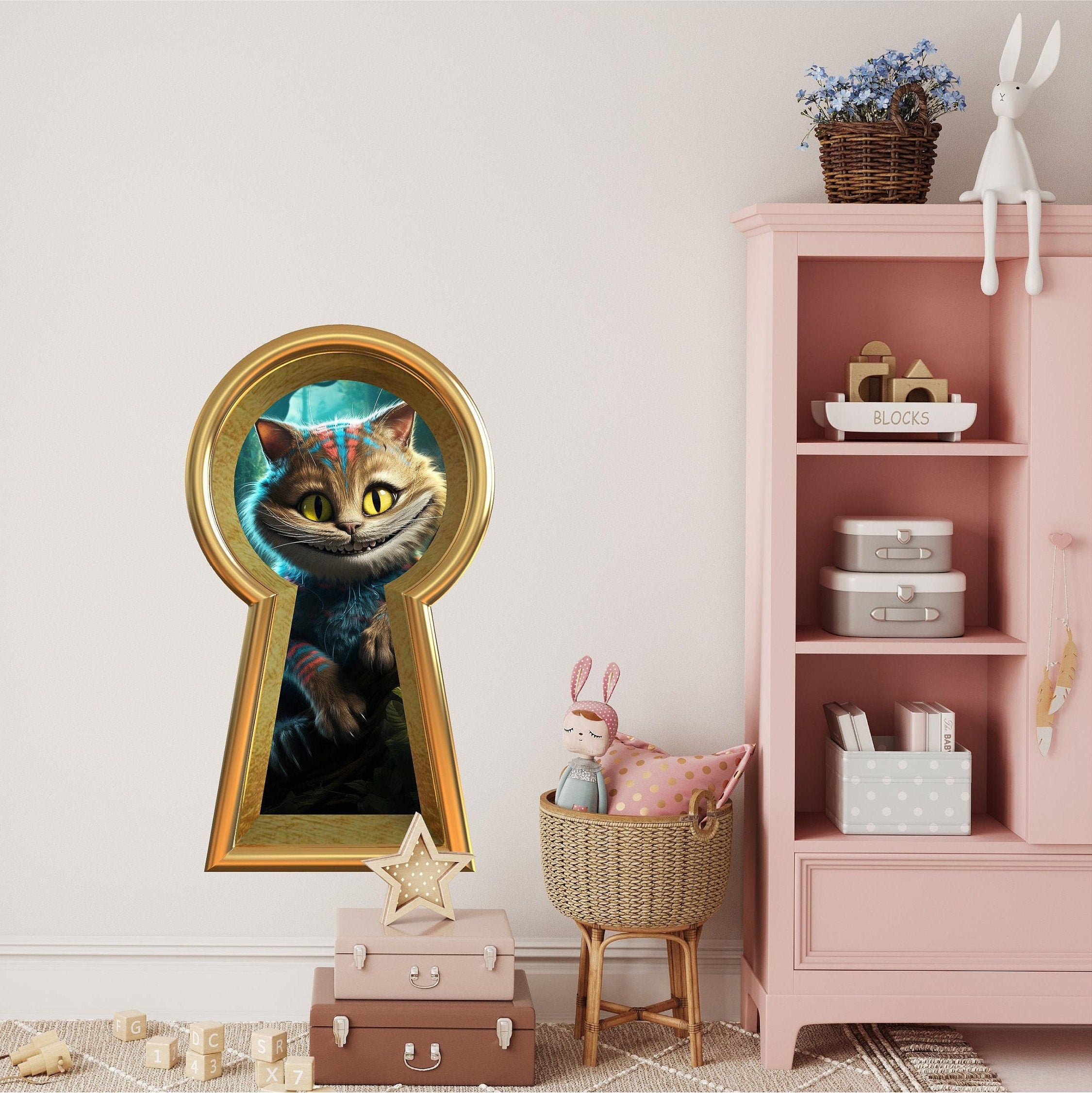 Wonderland Cat Keyhole Fabric Wall Decal - Smiling Cat Wall Sticker - Whimsical Wall Decor - Peel and Stick - Removable - Repositionable