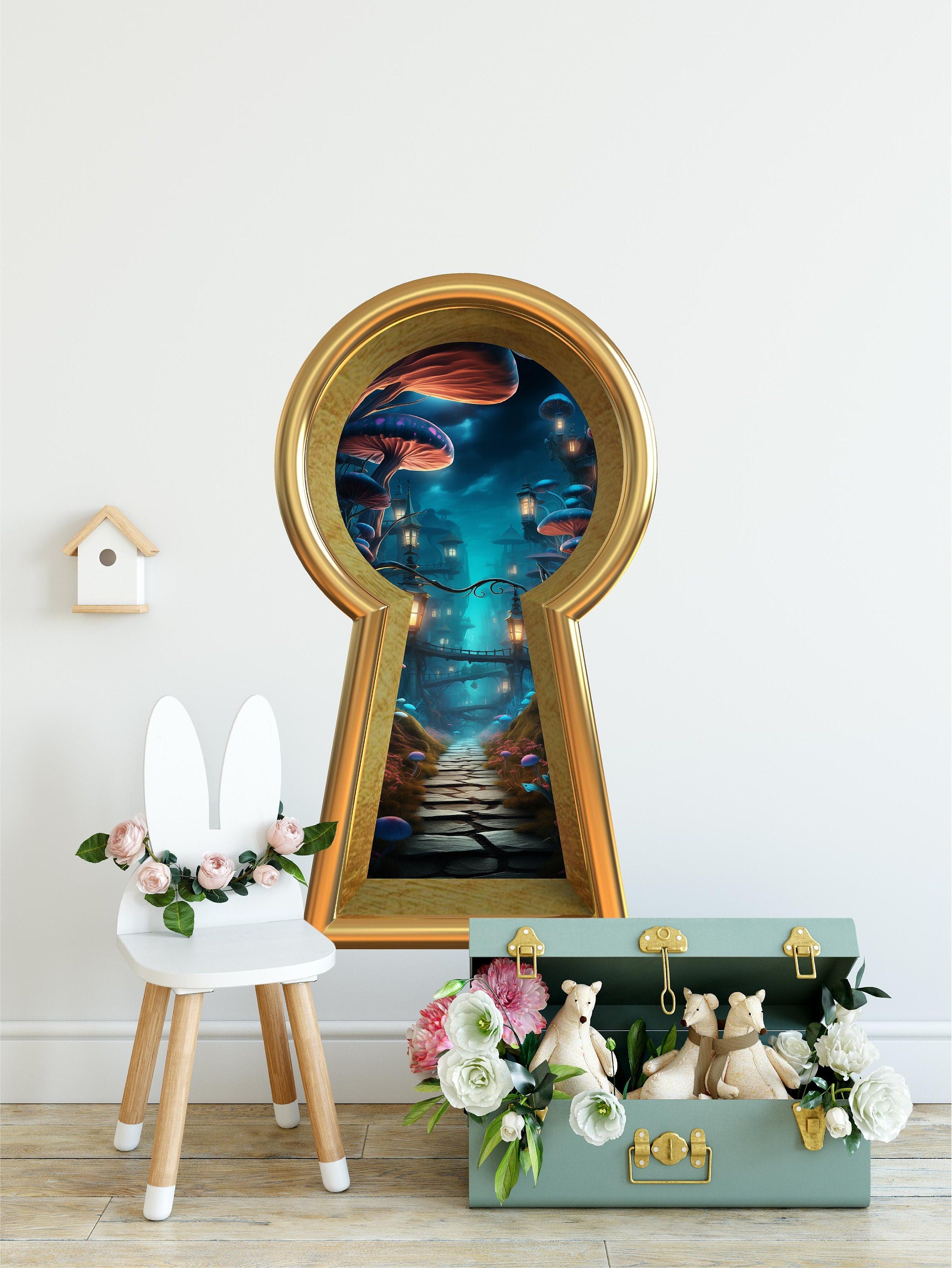 Wonderland 3d Keyhole Fabric Wall Decal - Mushroom Path at Night - Fantasy Wall Sticker - Peel and Stick - Removable - Repositionable