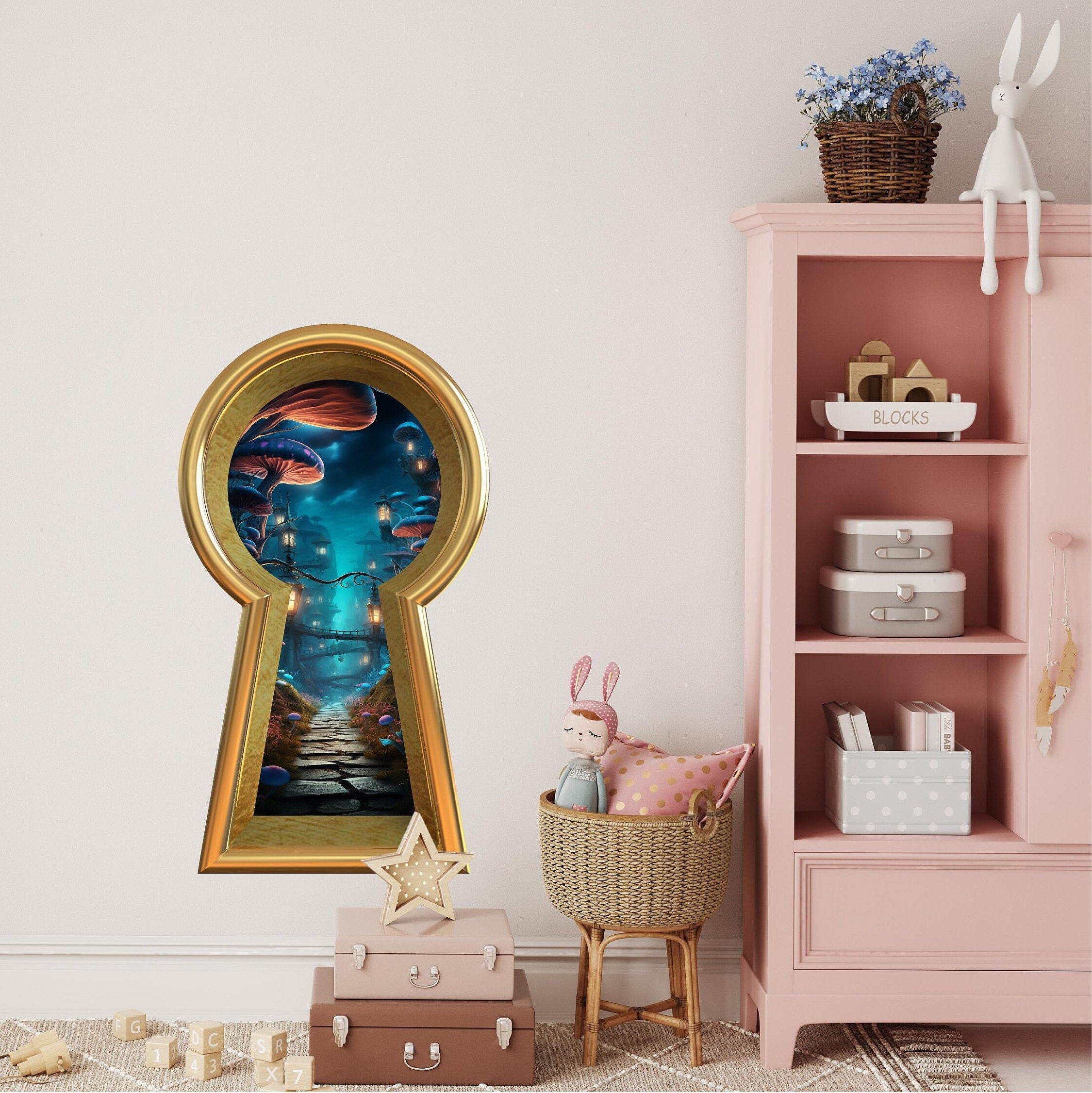Wonderland 3d Keyhole Fabric Wall Decal - Mushroom Path at Night - Fantasy Wall Sticker - Peel and Stick - Removable - Repositionable
