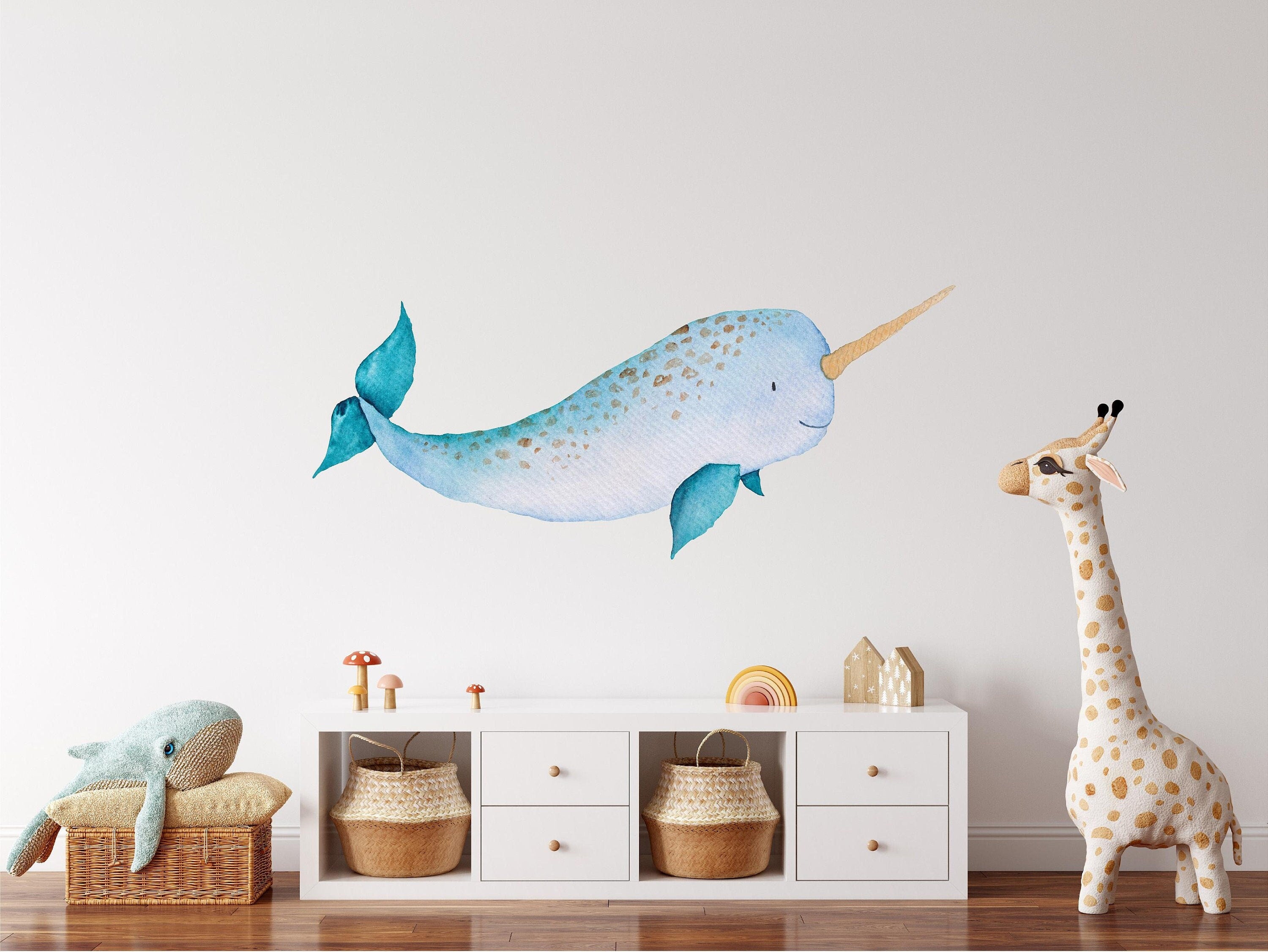 Baby Narwhal Fabric Wall Decal, Whale Wall Decal, Ocean Sea Animal, Removable Wall Sticker Peel and Stick Nursery Playroom Baby Room Decor