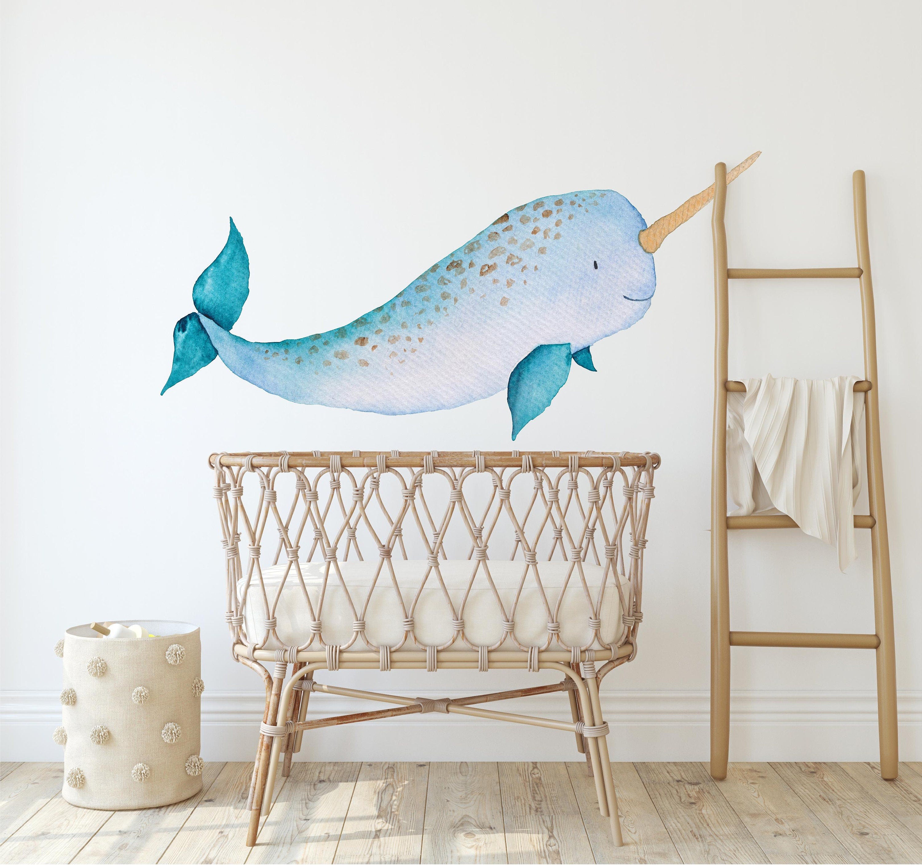 Baby Narwhal Fabric Wall Decal, Whale Wall Decal, Ocean Sea Animal, Removable Wall Sticker Peel and Stick Nursery Playroom Baby Room Decor