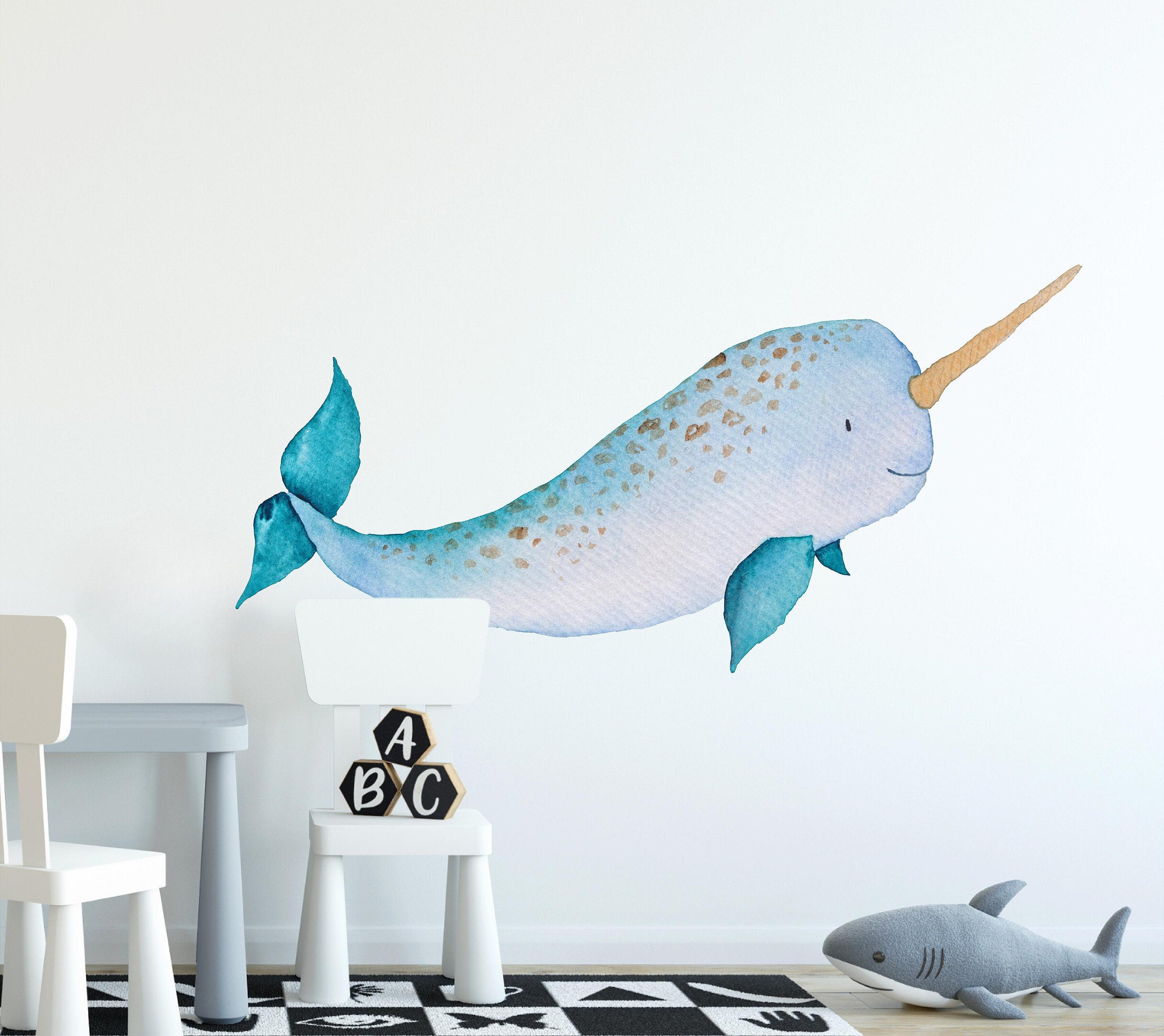 Baby Narwhal Fabric Wall Decal, Whale Wall Decal, Ocean Sea Animal, Removable Wall Sticker Peel and Stick Nursery Playroom Baby Room Decor