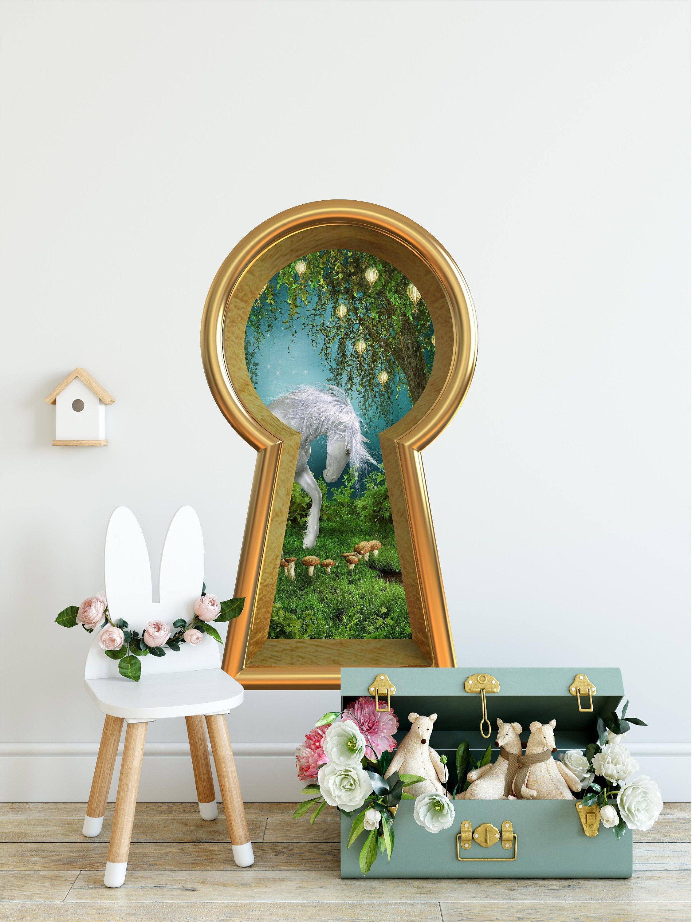 3d Keyhole Fabric Wall Decal - Unicorn In Enchanted Lantern Tree Mushroom Forest - 3D Keyhole Wall Sticker - Wonderland Decal - Removable