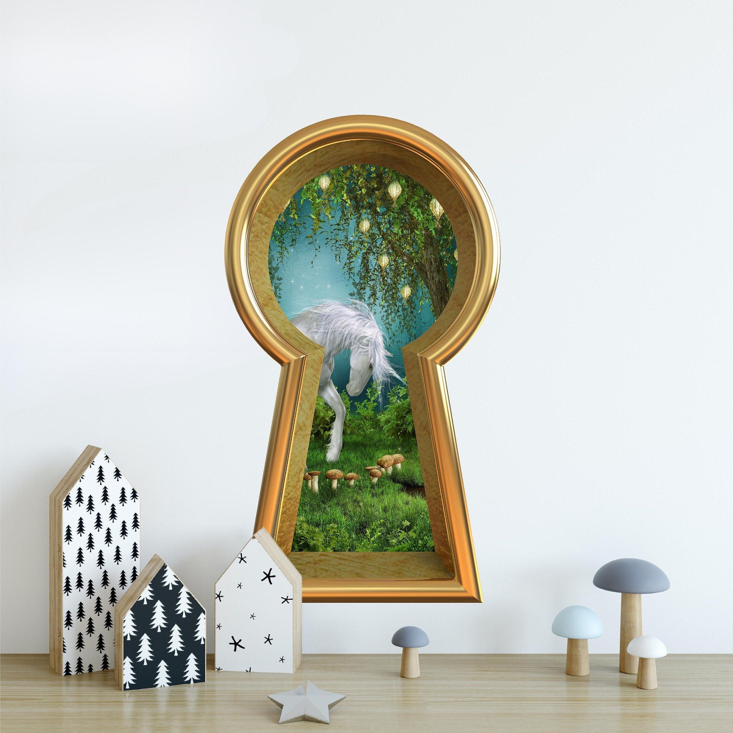 3d Keyhole Fabric Wall Decal - Unicorn In Enchanted Lantern Tree Mushroom Forest - 3D Keyhole Wall Sticker - Wonderland Decal - Removable