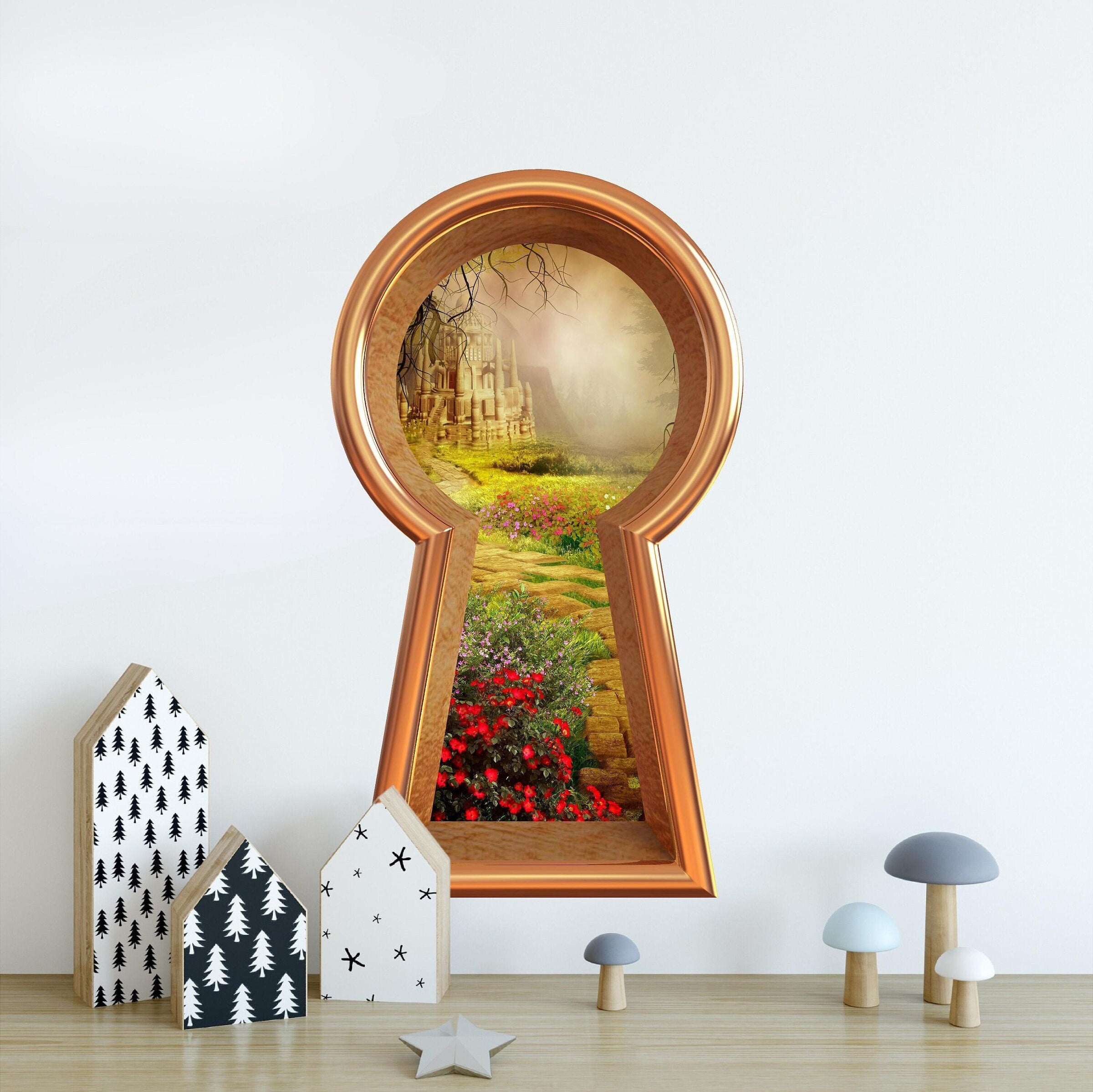 3d Keyhole Fabric Wall Decal - Stone Path To Fairytale Castle - 3D Keyhole Wall Sticker - Wonderland Decal - Removable & Repositionable