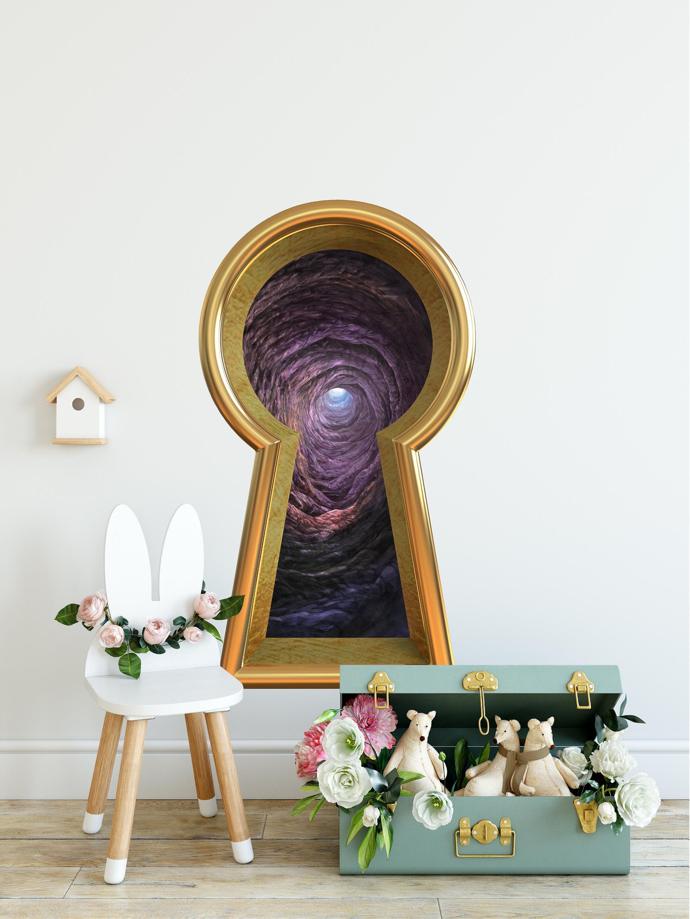 3d Keyhole Fabric Wall Decal - Down The Rabbit Hole - 3D Keyhole Wall Sticker - Wonderland Decal - Removable